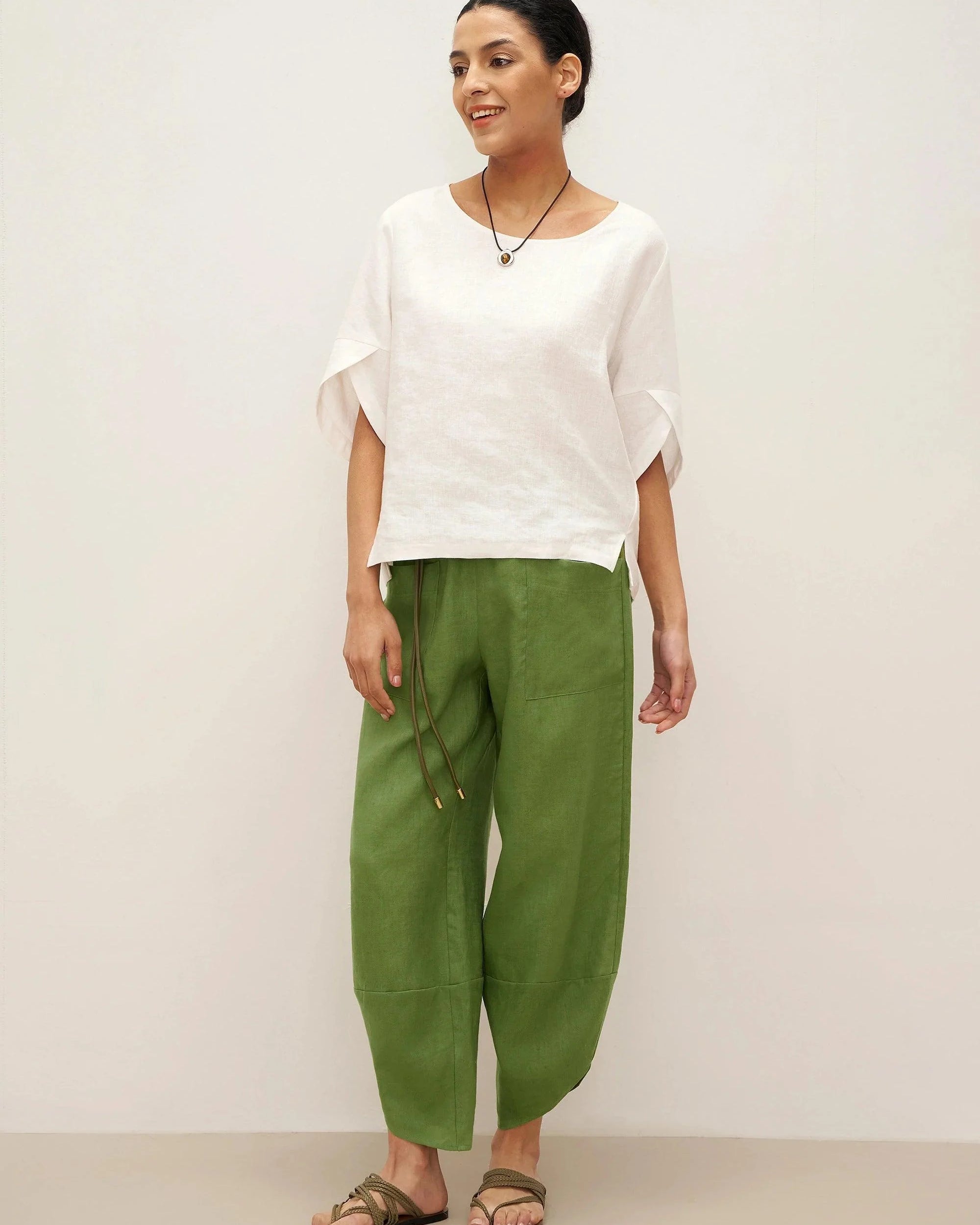 100% Linen Round Neck Petal-Sleeve Pullover LAUREL - TOPS-Linen Blouses