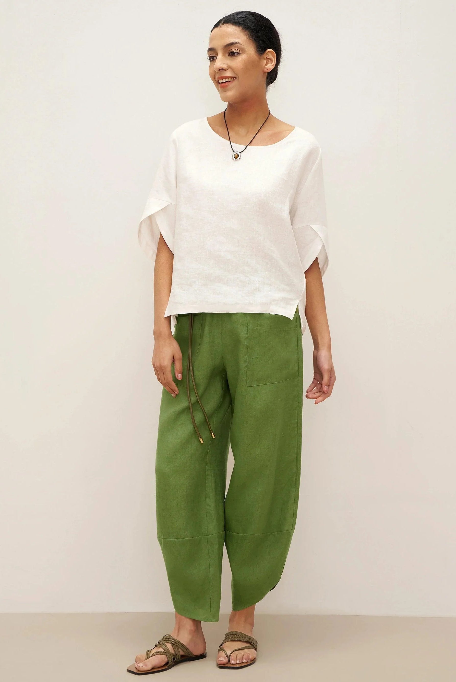 100% Linen Round Neck Petal-Sleeve Pullover LAUREL - TOPS-Linen Blouses