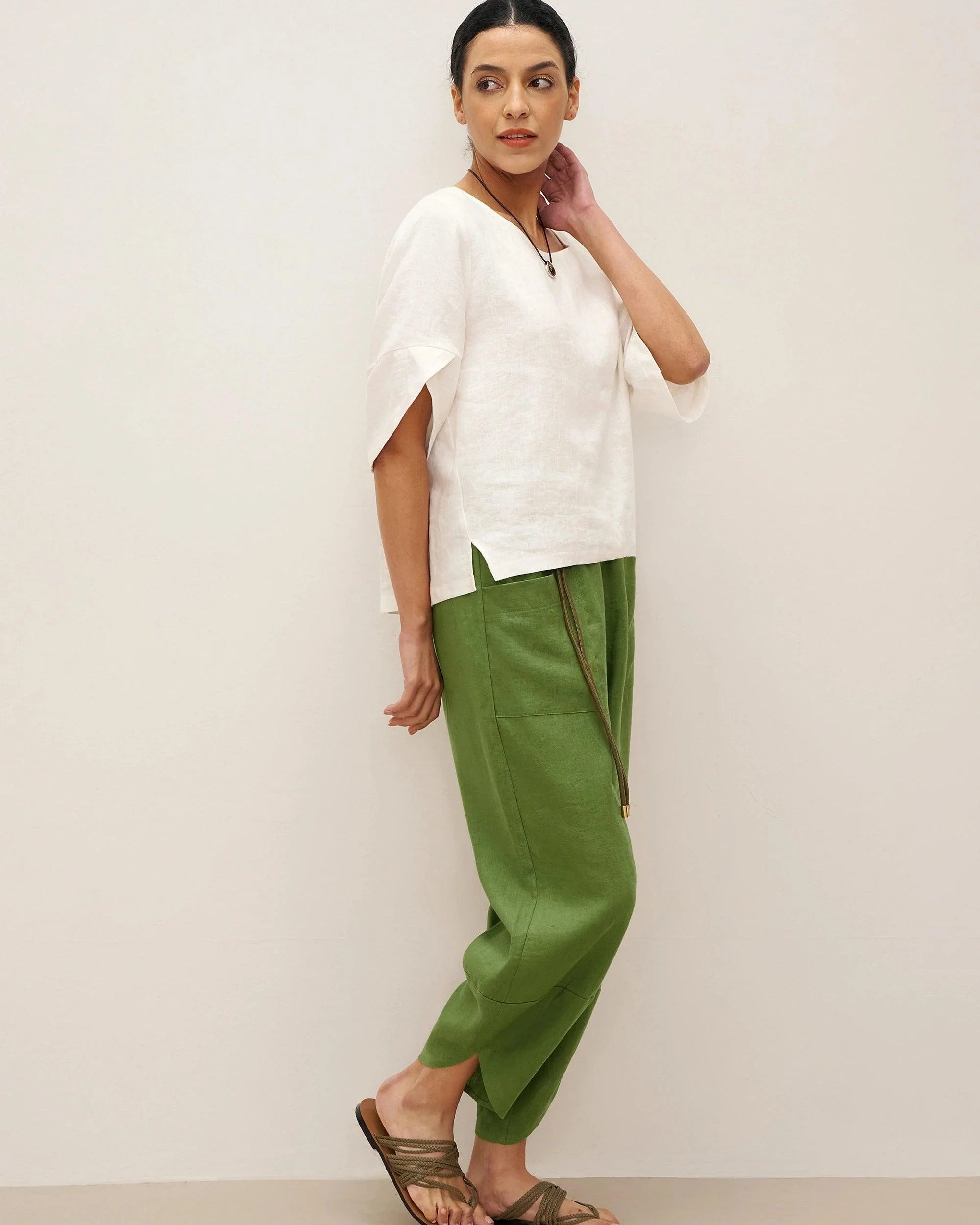 100% Linen Round Neck Petal-Sleeve Pullover LAUREL - TOPS-Linen Blouses