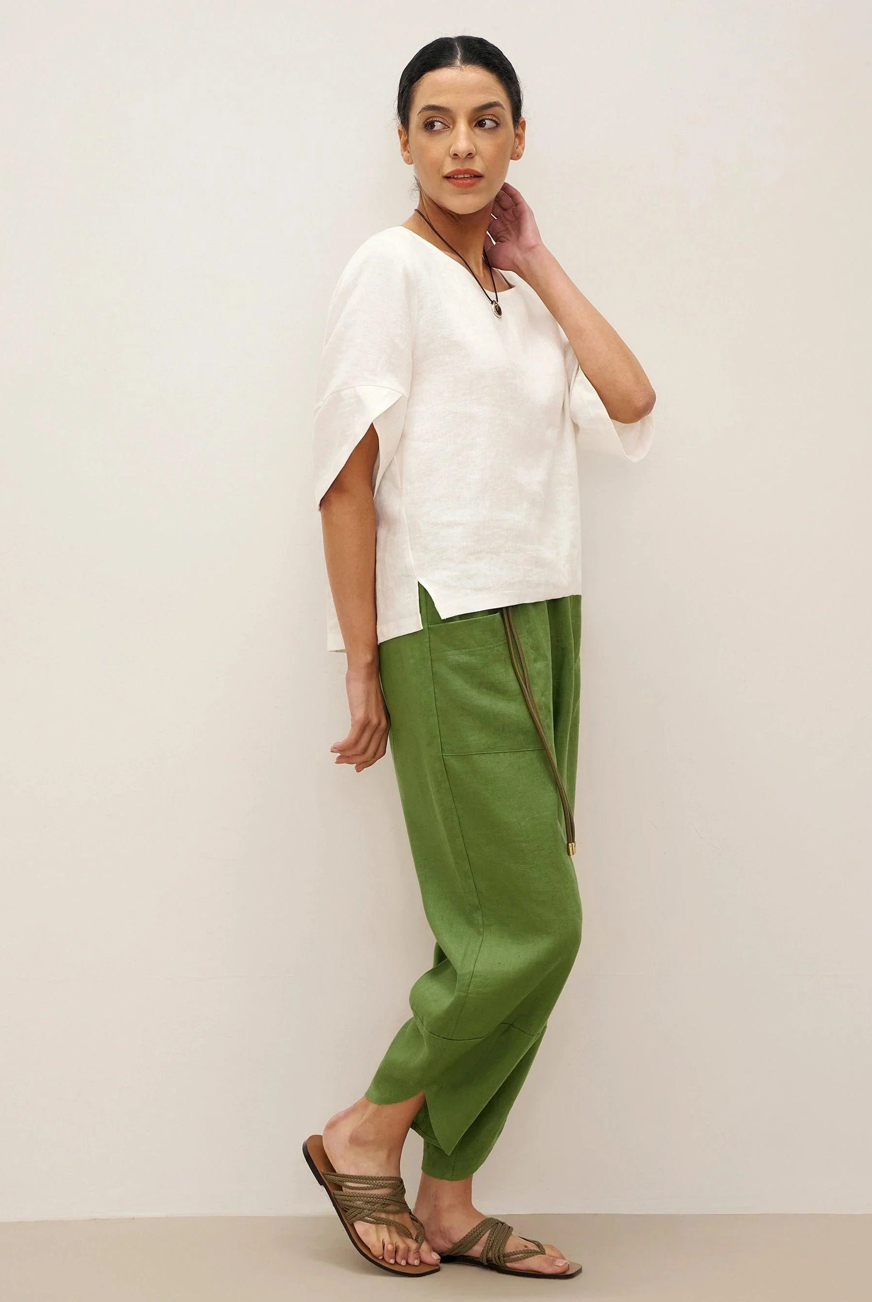 100% Linen Round Neck Petal-Sleeve Pullover LAUREL - TOPS-Linen Blouses