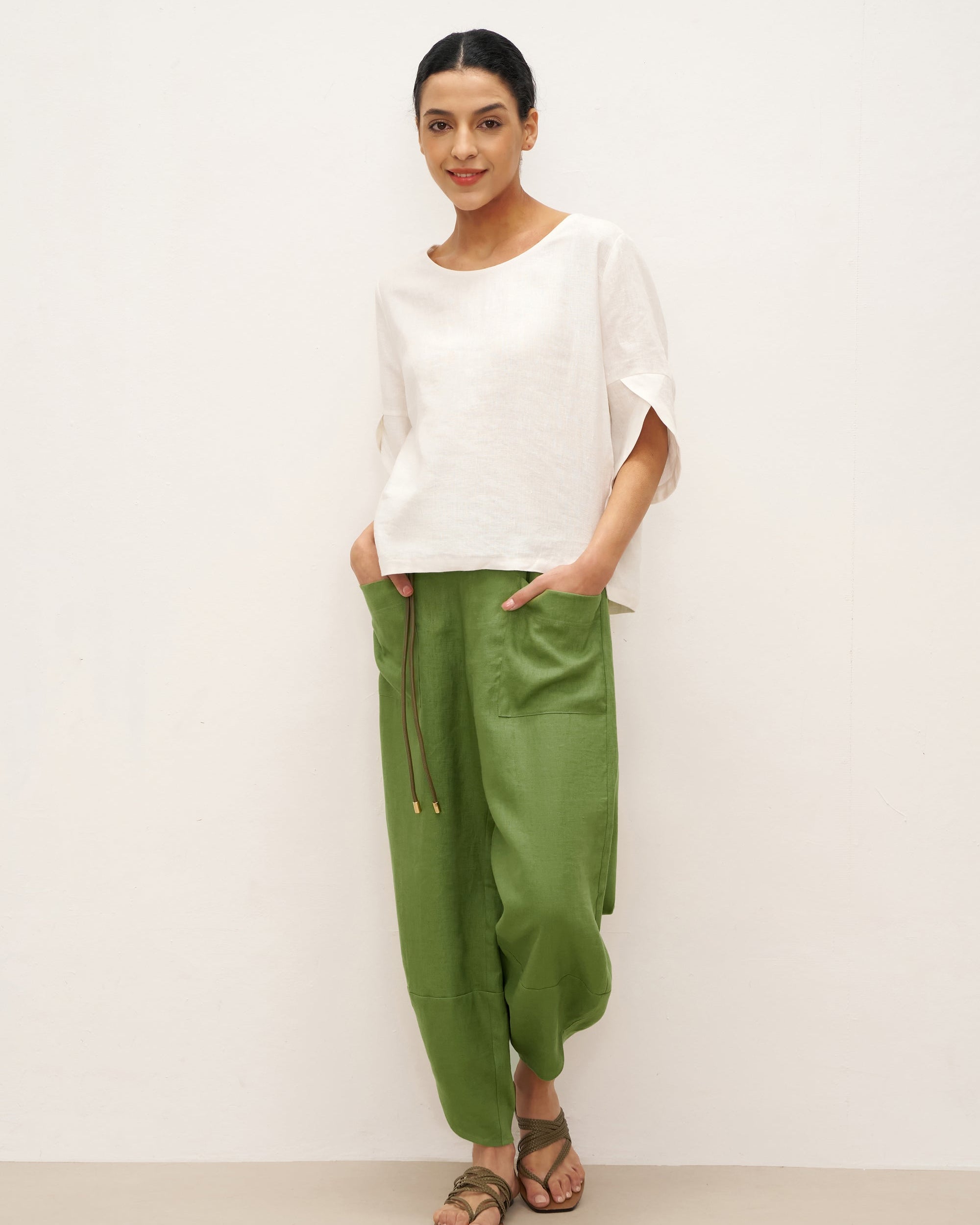100% Linen Round Neck Petal-Sleeve Pullover LAUREL - TOPS-Linen Blouses