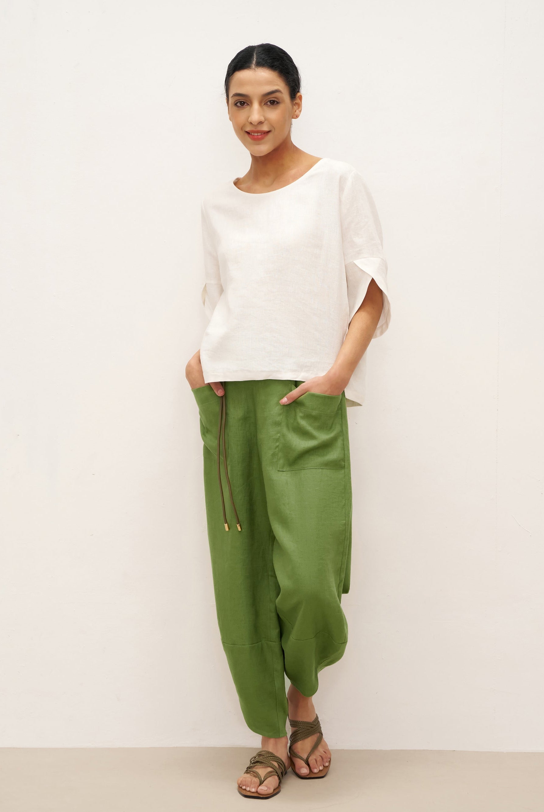 100% Linen Round Neck Petal-Sleeve Pullover LAUREL - TOPS-Linen Blouses