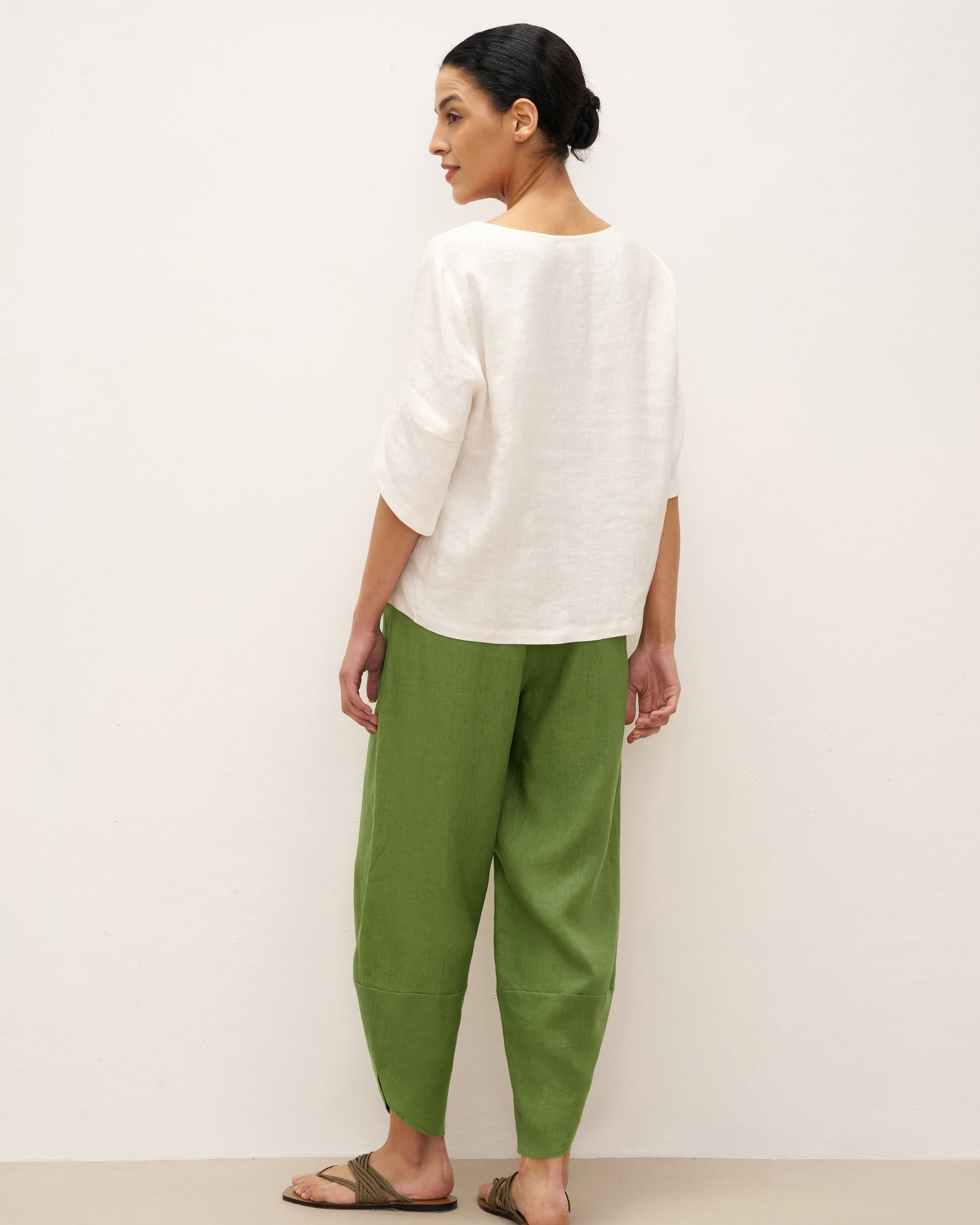 100% Linen Round Neck Petal-Sleeve Pullover LAUREL - TOPS-Linen Blouses