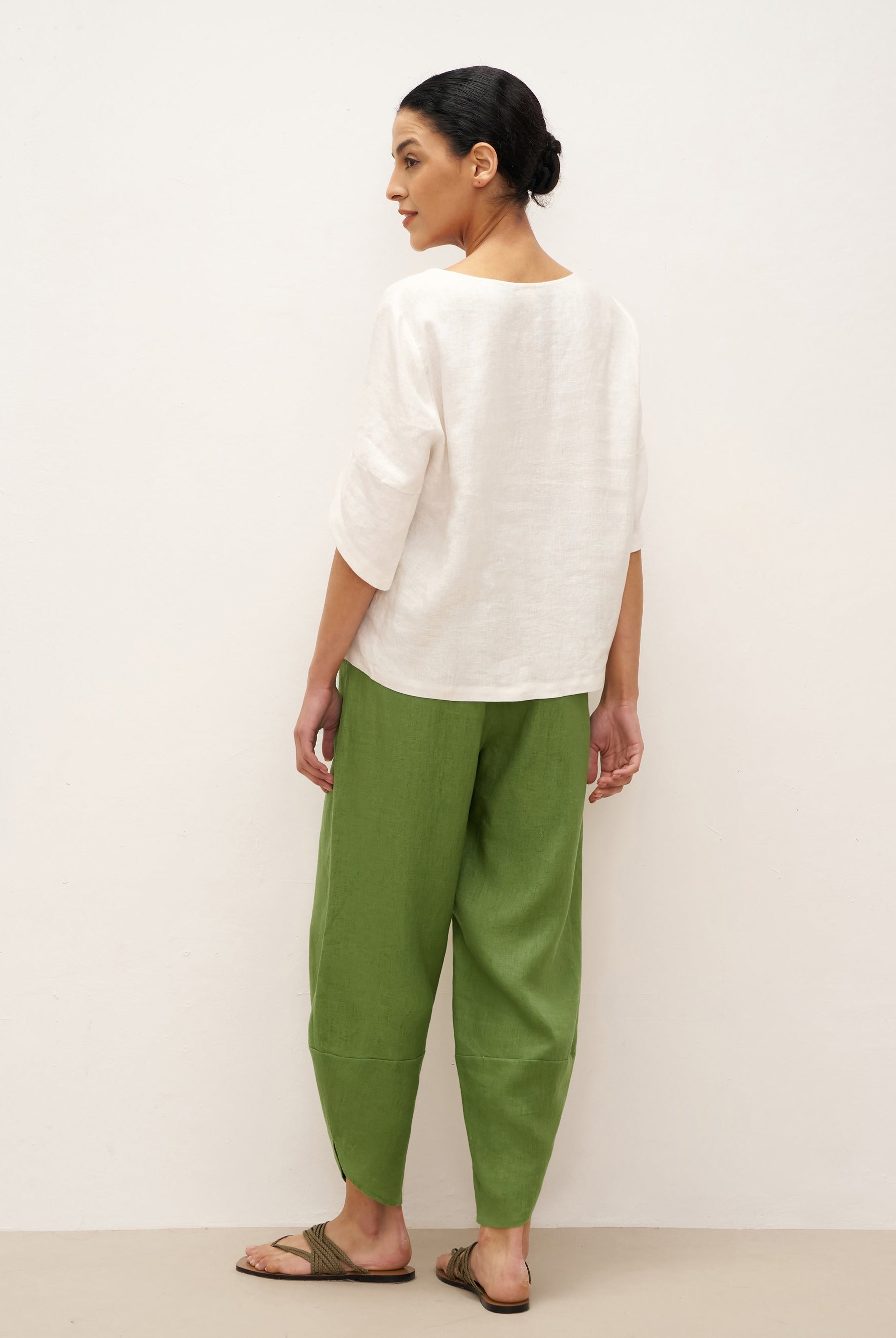 100% Linen Round Neck Petal-Sleeve Pullover LAUREL - TOPS-Linen Blouses