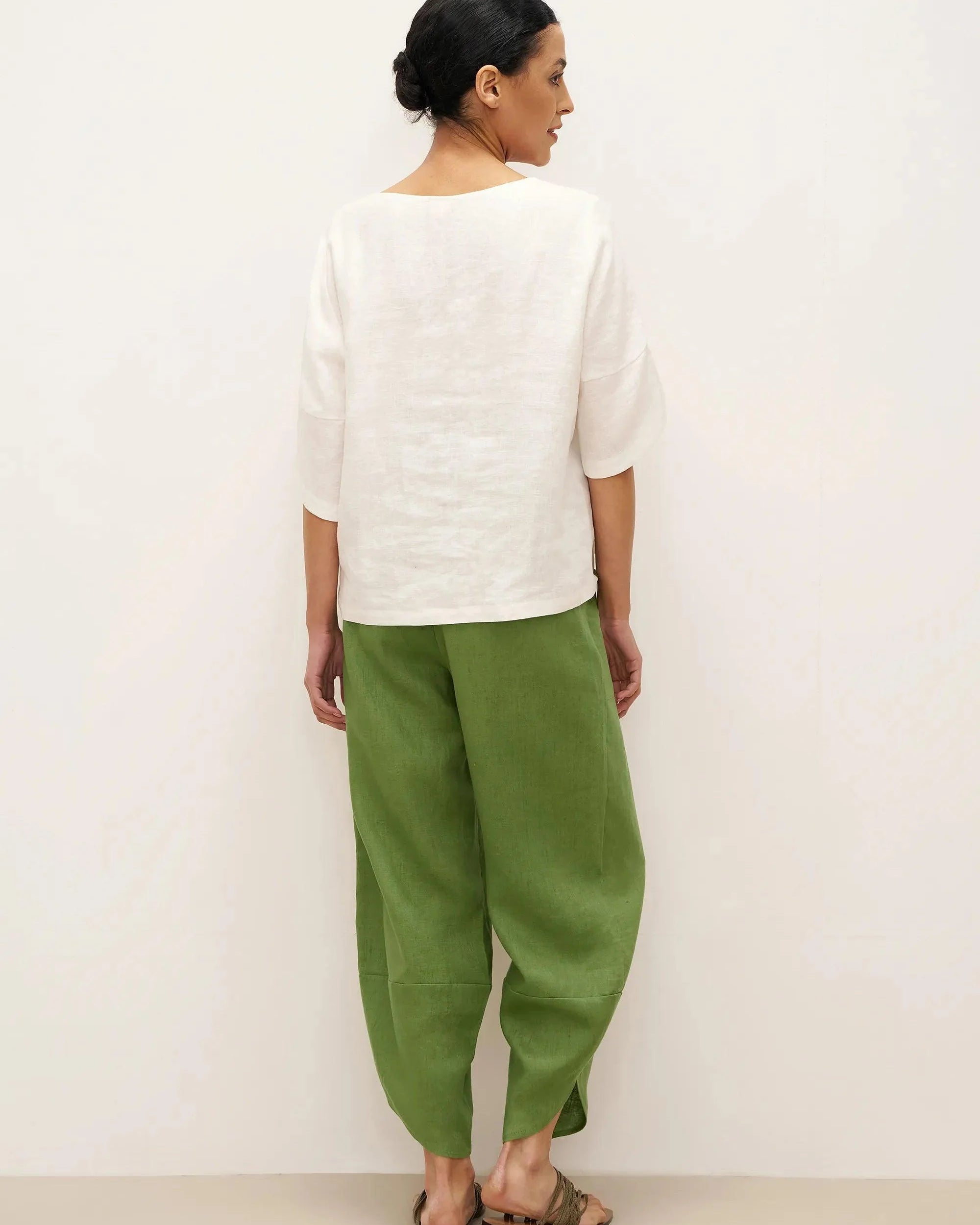 100% Linen Petal-Hem Trousers with Elastic Waist LIV - BOTTOMS-Linen Pants