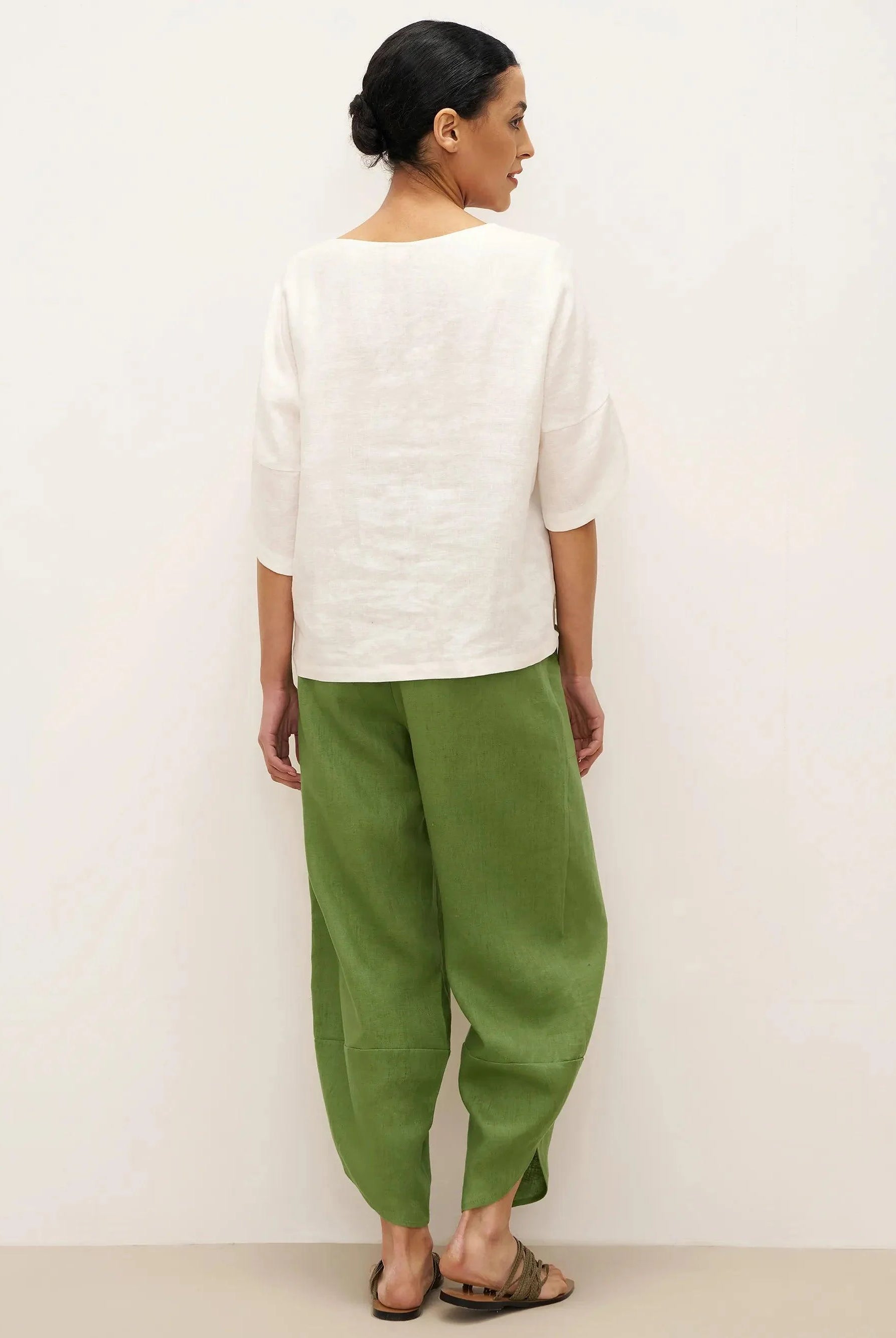 100% Linen Petal-Hem Trousers with Elastic Waist LIV - BOTTOMS-Linen Pants