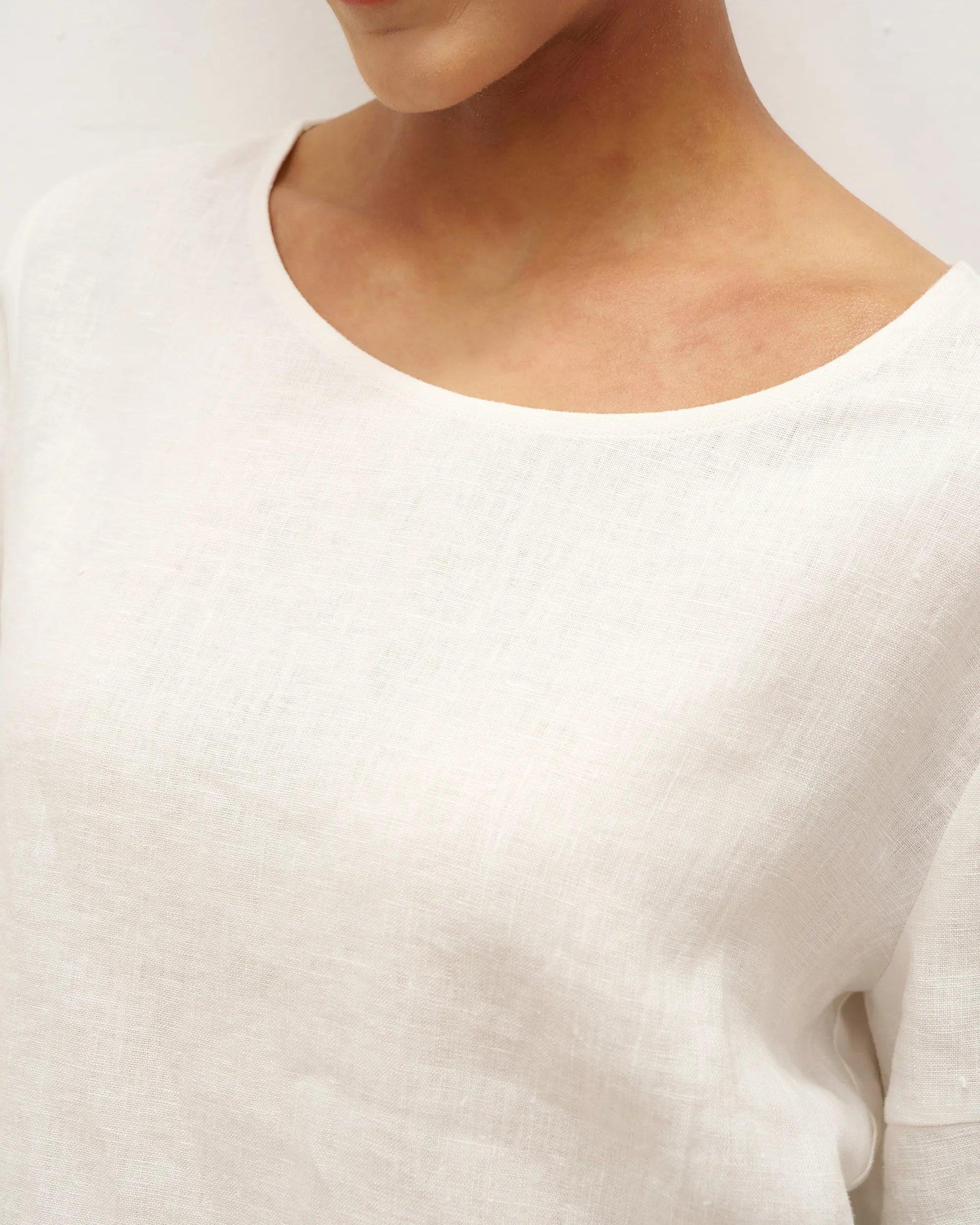 100% Linen Round Neck Petal-Sleeve Pullover LAUREL - TOPS-Linen Blouses