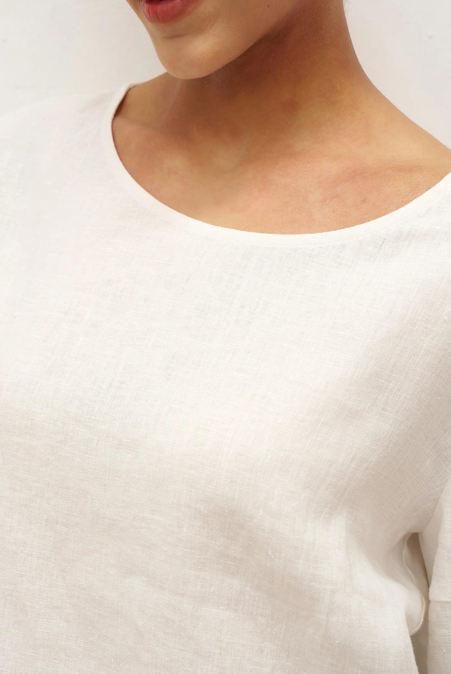 100% Linen Round Neck Petal-Sleeve Pullover LAUREL - TOPS-Linen Blouses