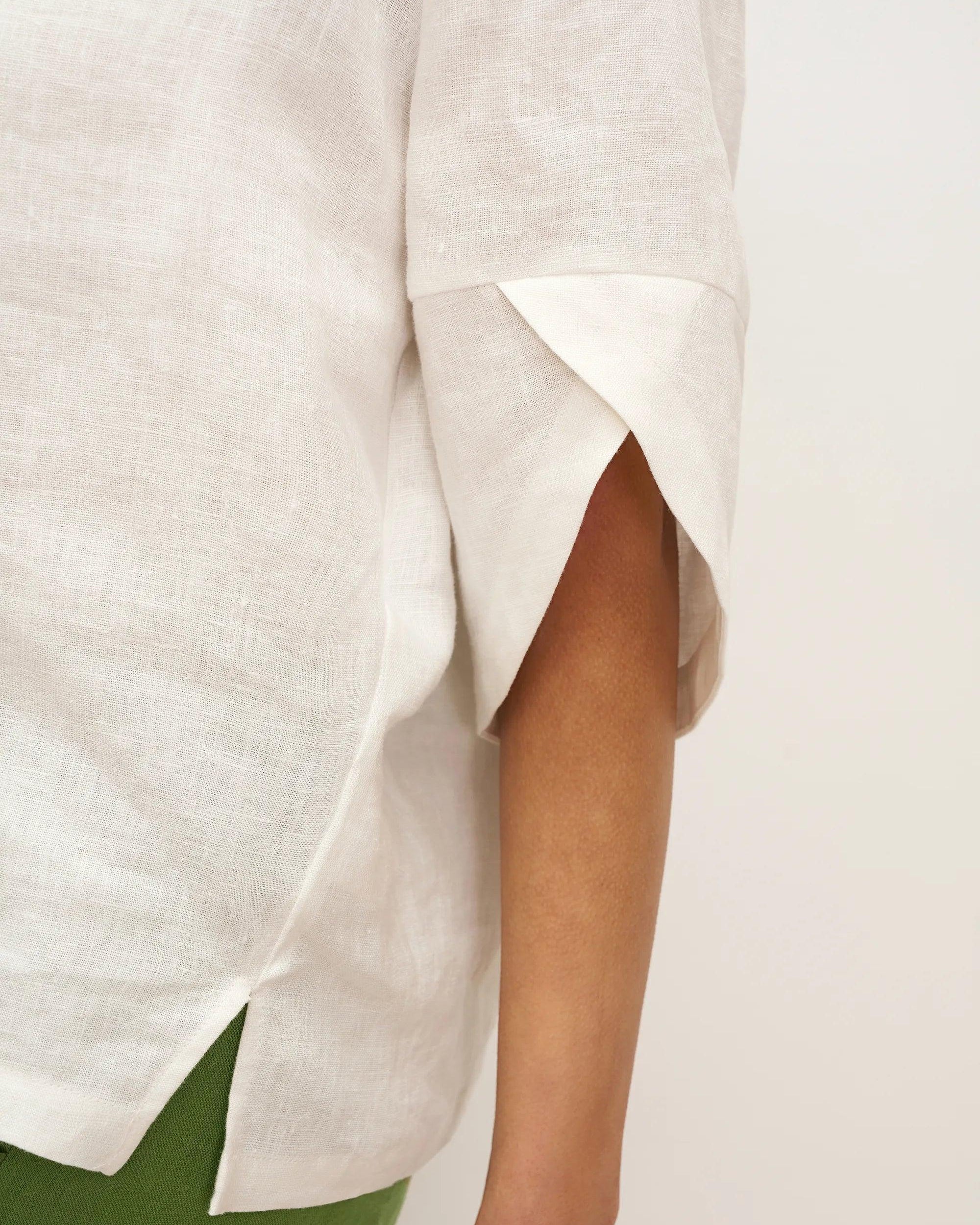 100% Linen Round Neck Petal-Sleeve Pullover LAUREL - TOPS-Linen Blouses