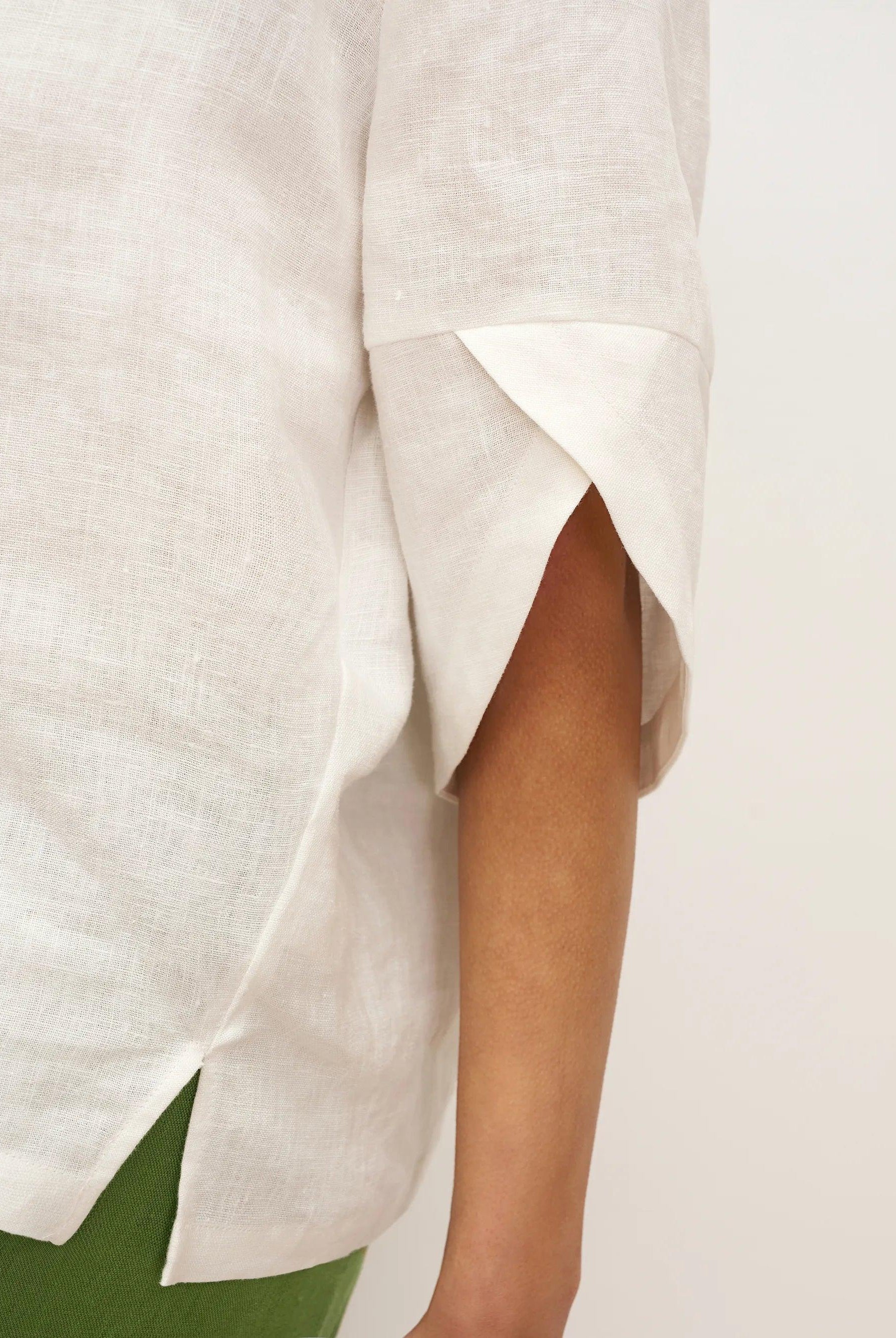 100% Linen Round Neck Petal-Sleeve Pullover LAUREL - TOPS-Linen Blouses