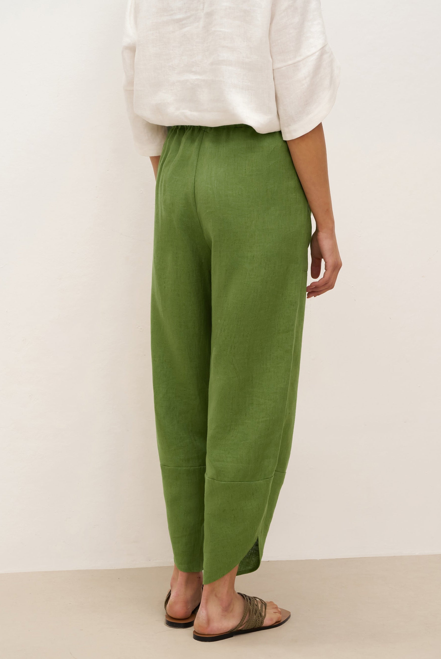 100% Linen Petal-Hem Trousers with Elastic Waist LIV - BOTTOMS-Linen Pants