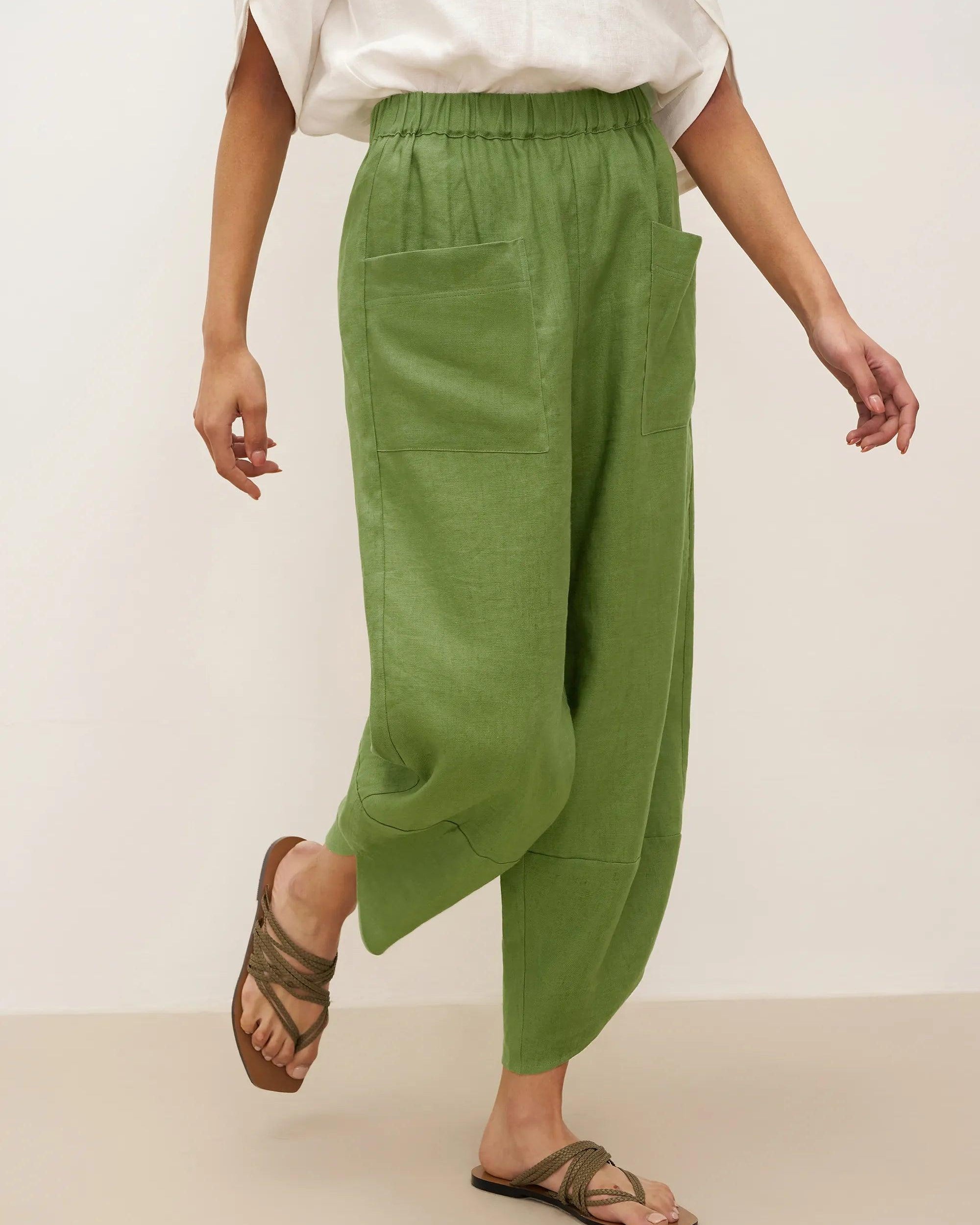 100% Linen Petal-Hem Trousers with Elastic Waist LIV - BOTTOMS-Linen Pants
