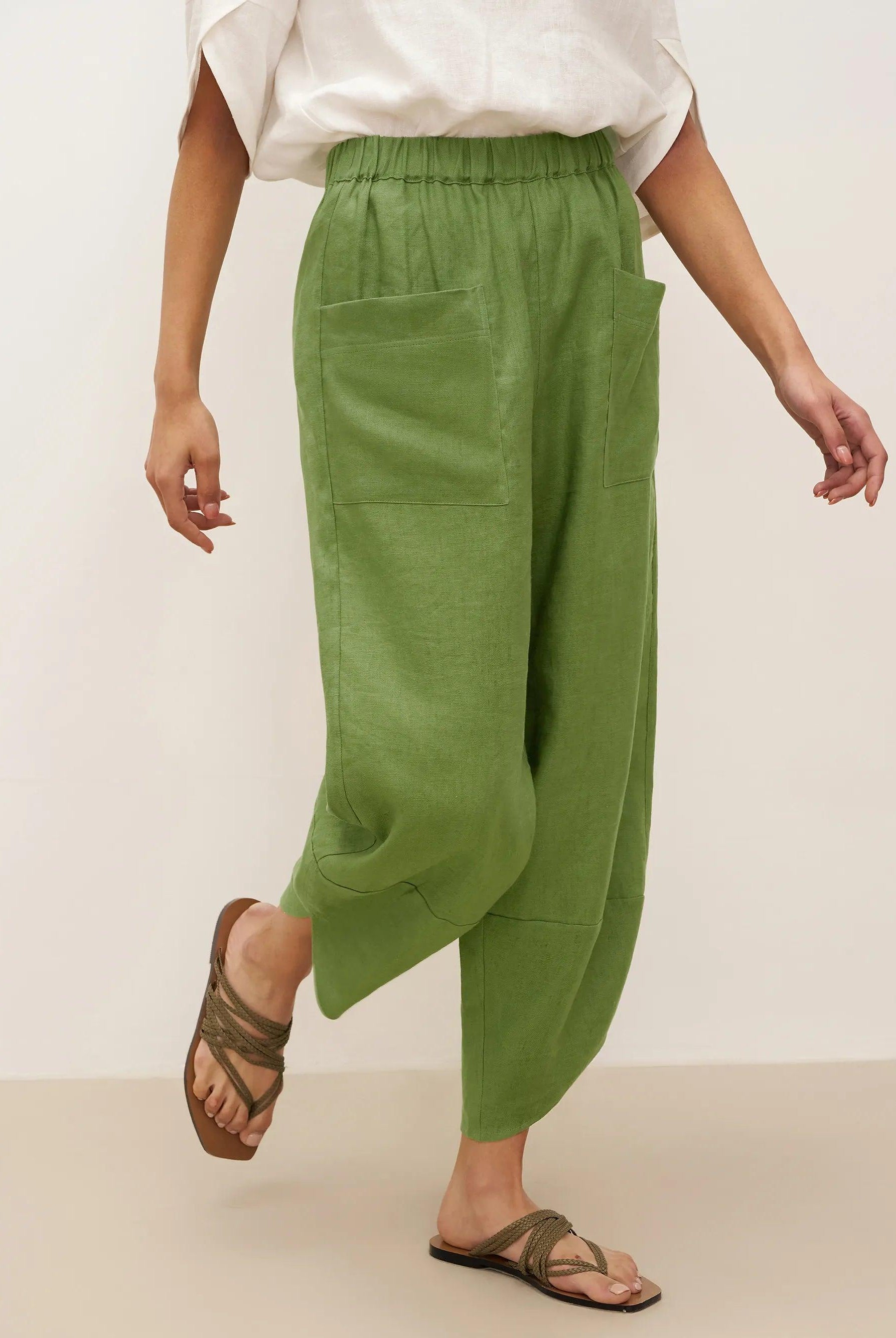100% Linen Petal-Hem Trousers with Elastic Waist LIV - BOTTOMS-Linen Pants