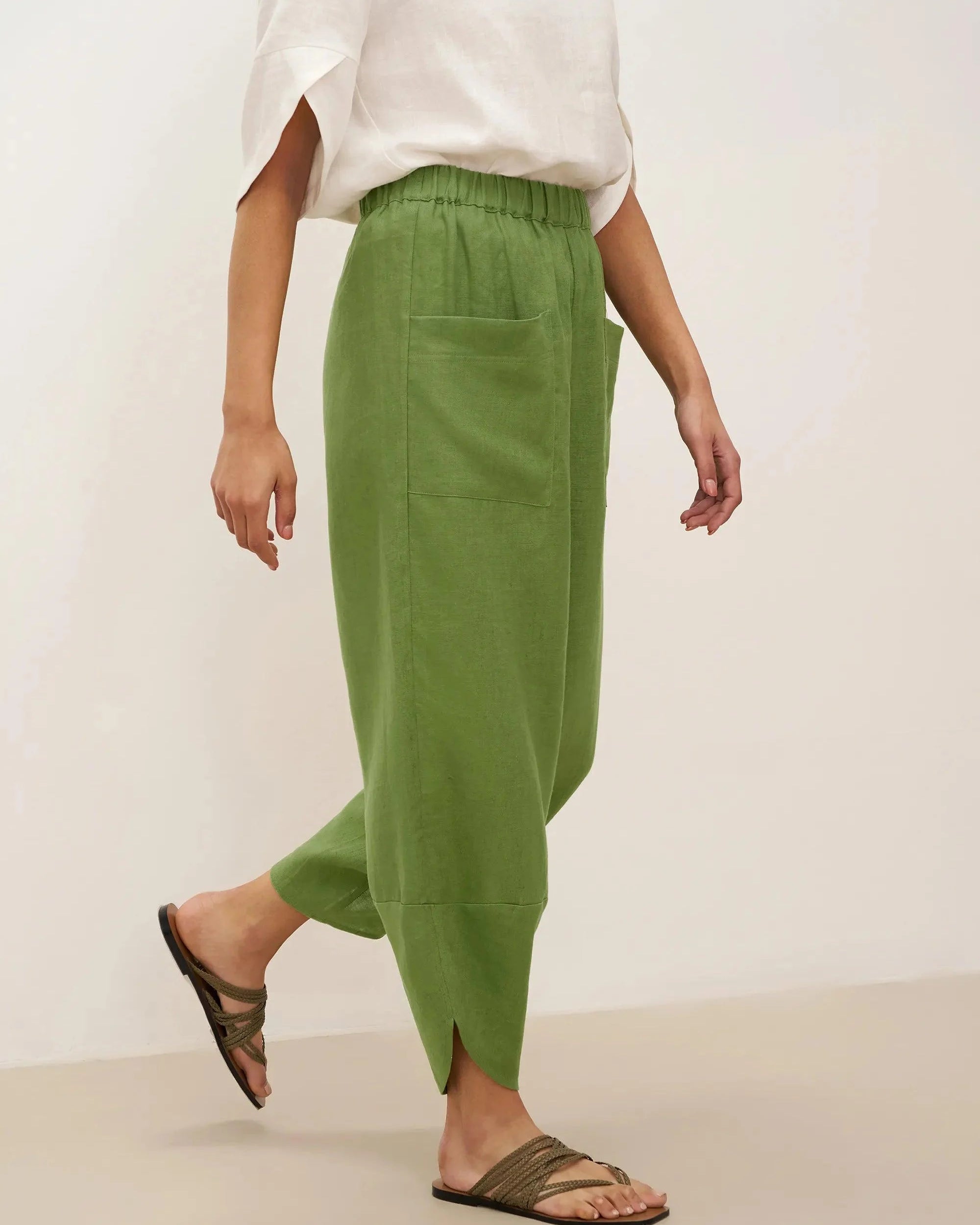 100% Linen Petal-Hem Trousers with Elastic Waist LIV - BOTTOMS-Linen Pants