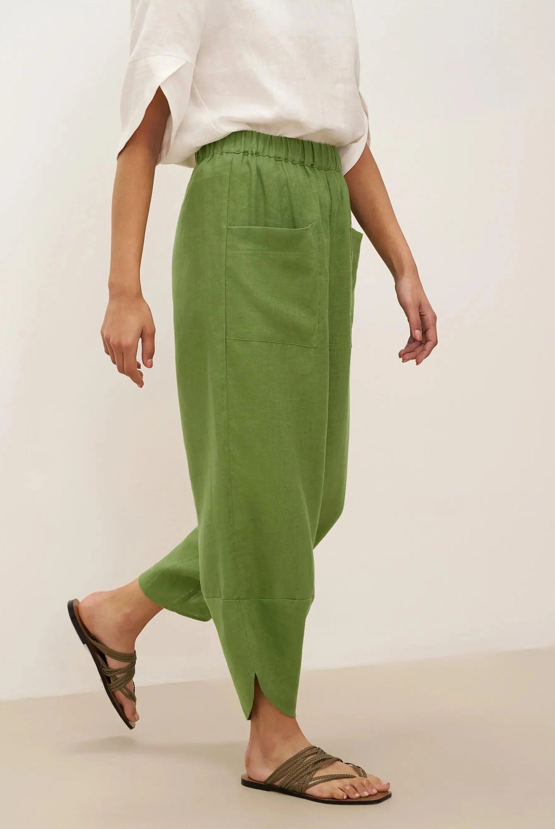 100% Linen Petal-Hem Trousers with Elastic Waist LIV - BOTTOMS-Linen Pants
