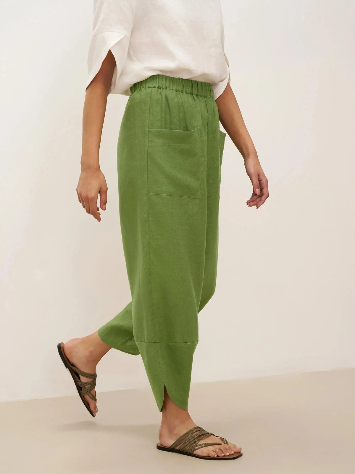 100% Linen Petal-Hem Trousers with Elastic Waist LIV - BOTTOMS-Linen Pants