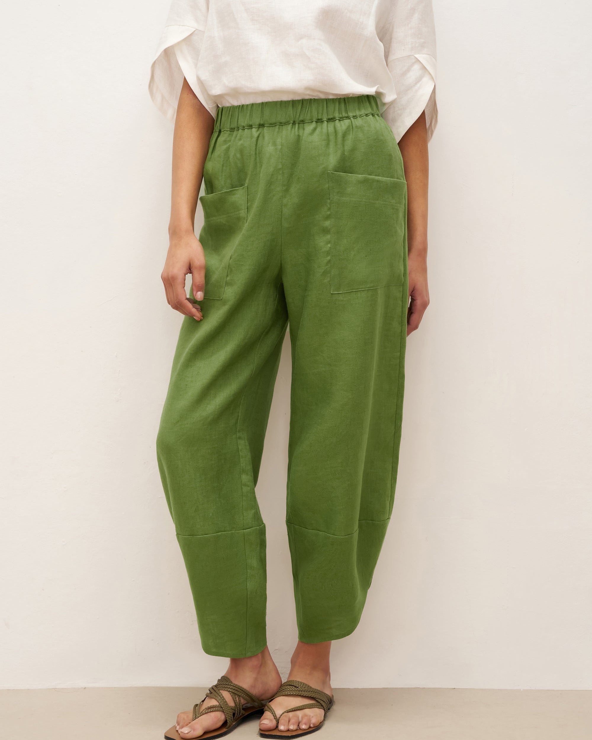 100% Linen Petal-Hem Trousers with Elastic Waist LIV - Sage Green / S - BOTTOMS-Linen Pants