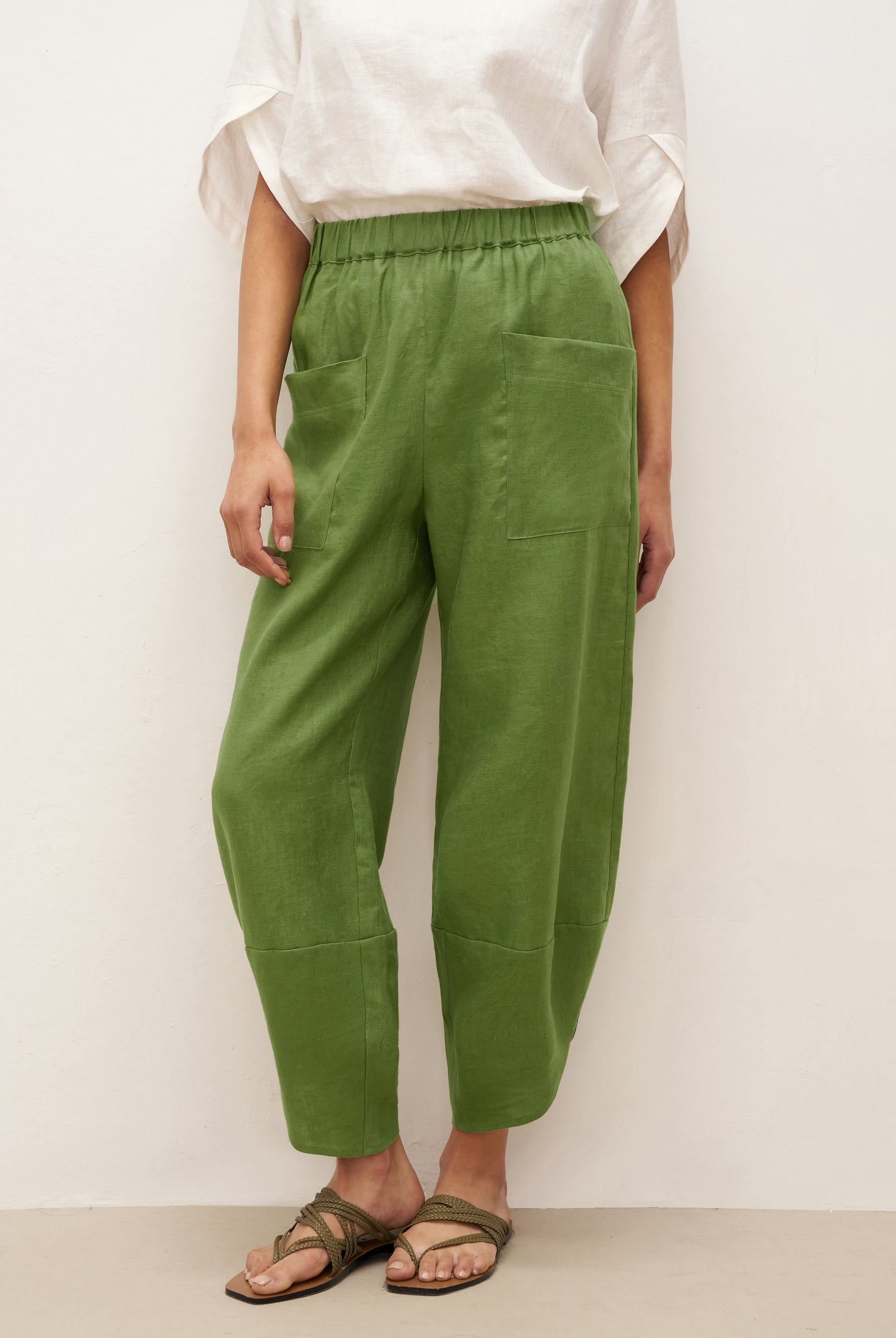 100% Linen Petal-Hem Trousers with Elastic Waist LIV - Sage Green / S - BOTTOMS-Linen Pants