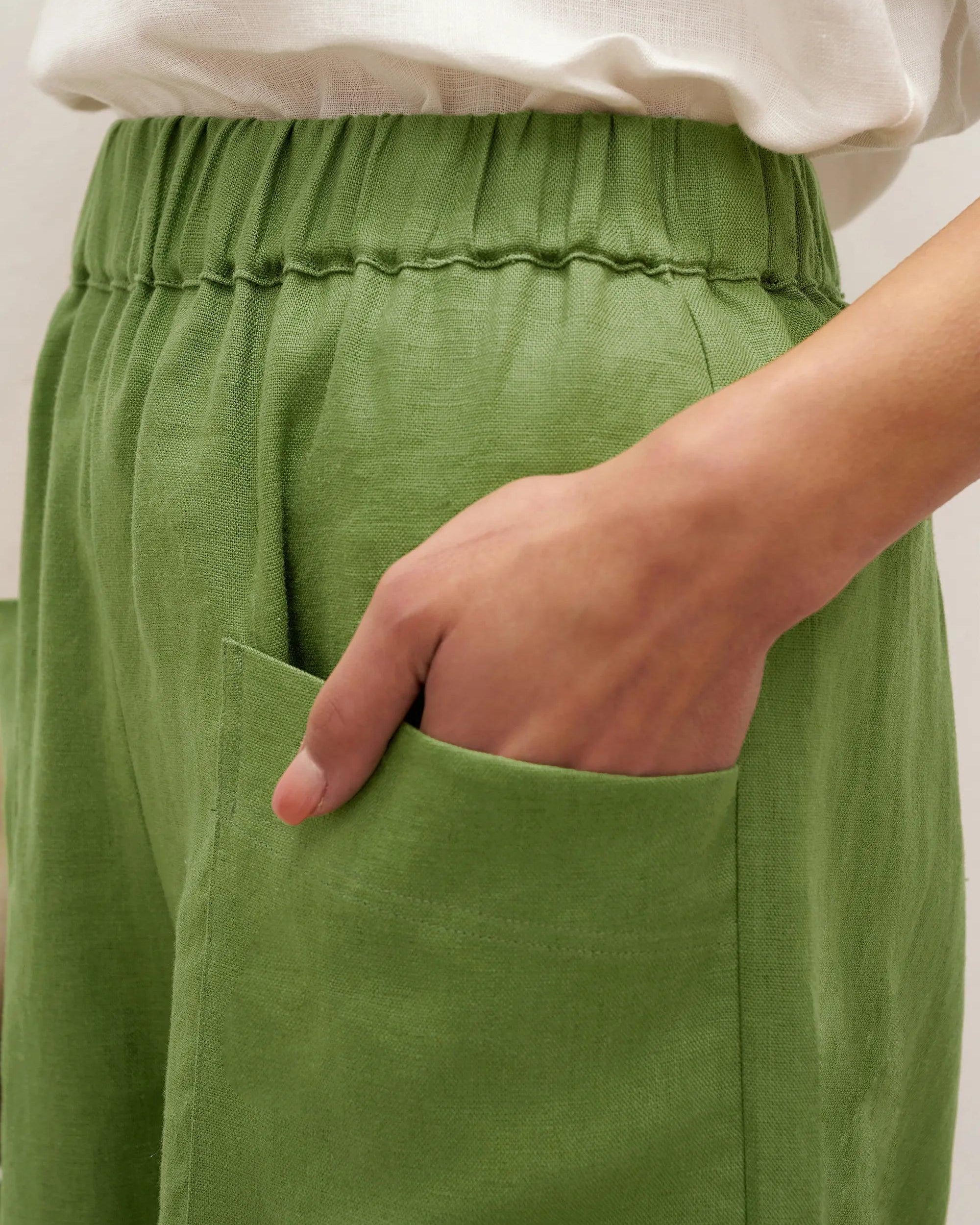 100% Linen Petal-Hem Trousers with Elastic Waist LIV - BOTTOMS-Linen Pants