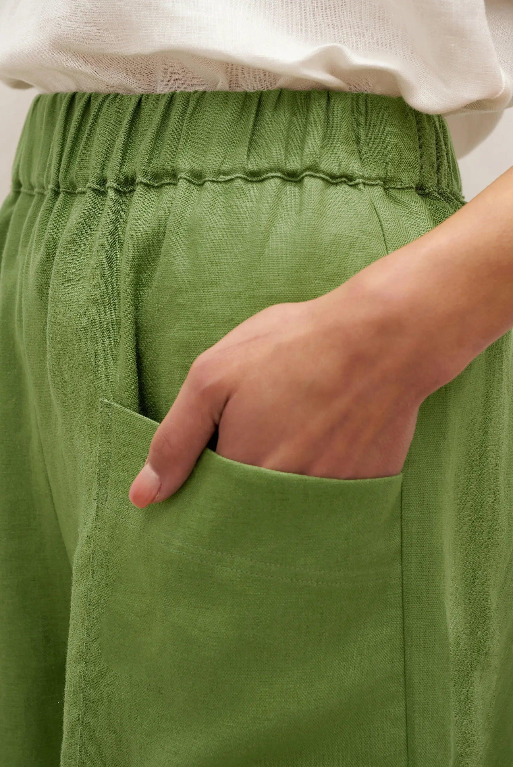 100% Linen Petal-Hem Trousers with Elastic Waist LIV - BOTTOMS-Linen Pants