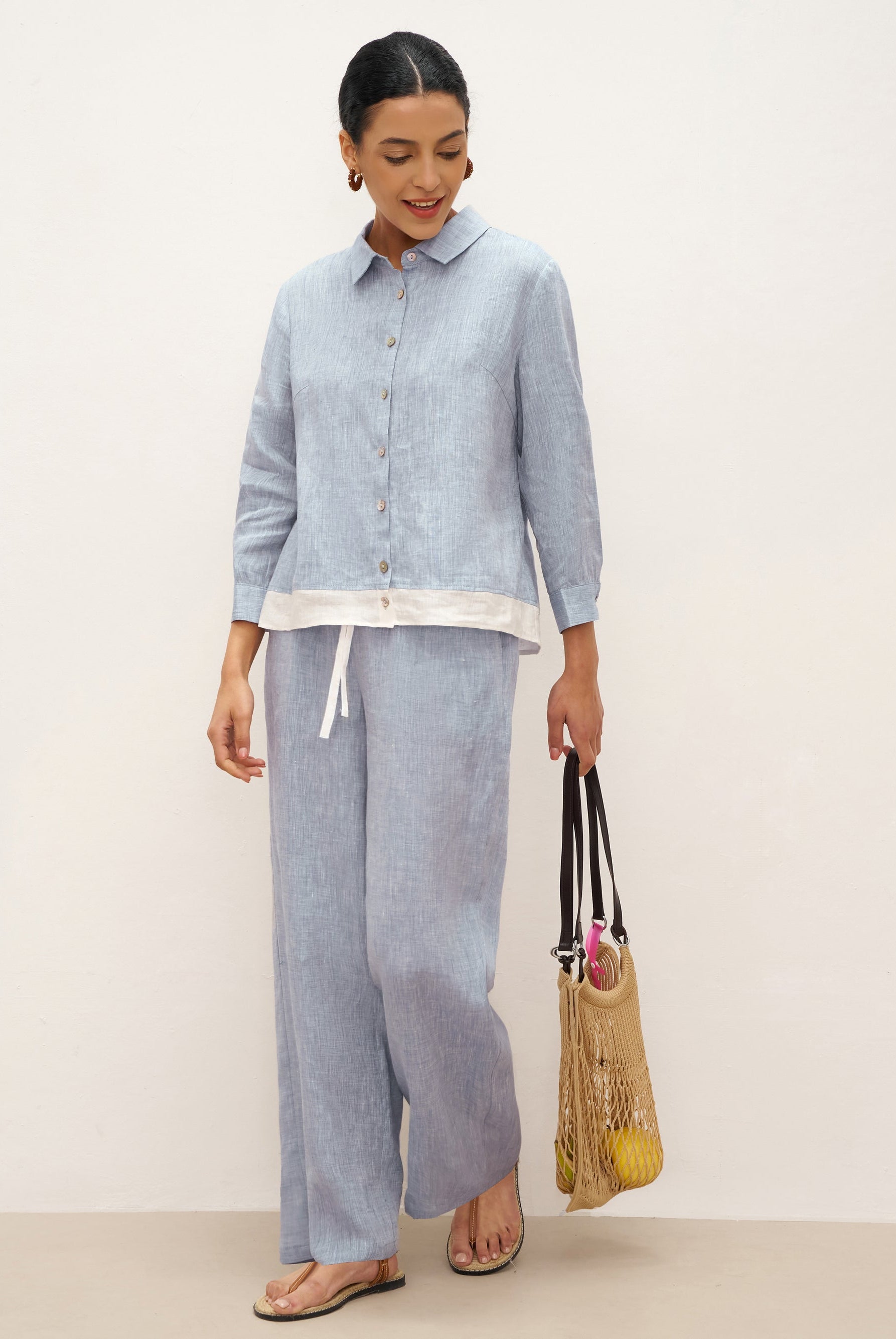 100% Linen Elastic Waist Straight-Leg Trousers JOURDAN - BOTTOMS-Linen Pants