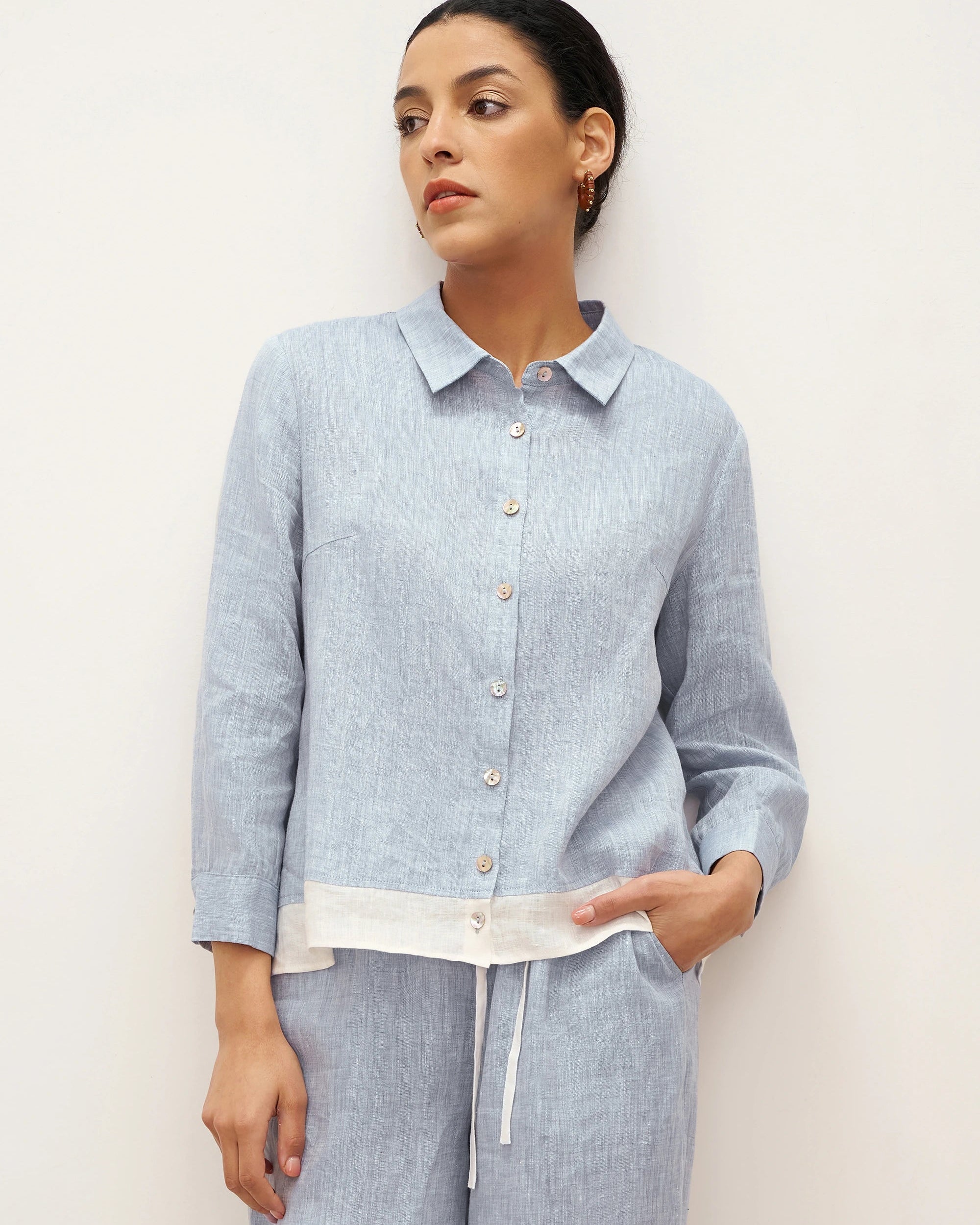 100% Linen Buttoned Closure Color-Blocked Shirt JANICE - Light Denim Blue / S - TOPS-Linen Blouses