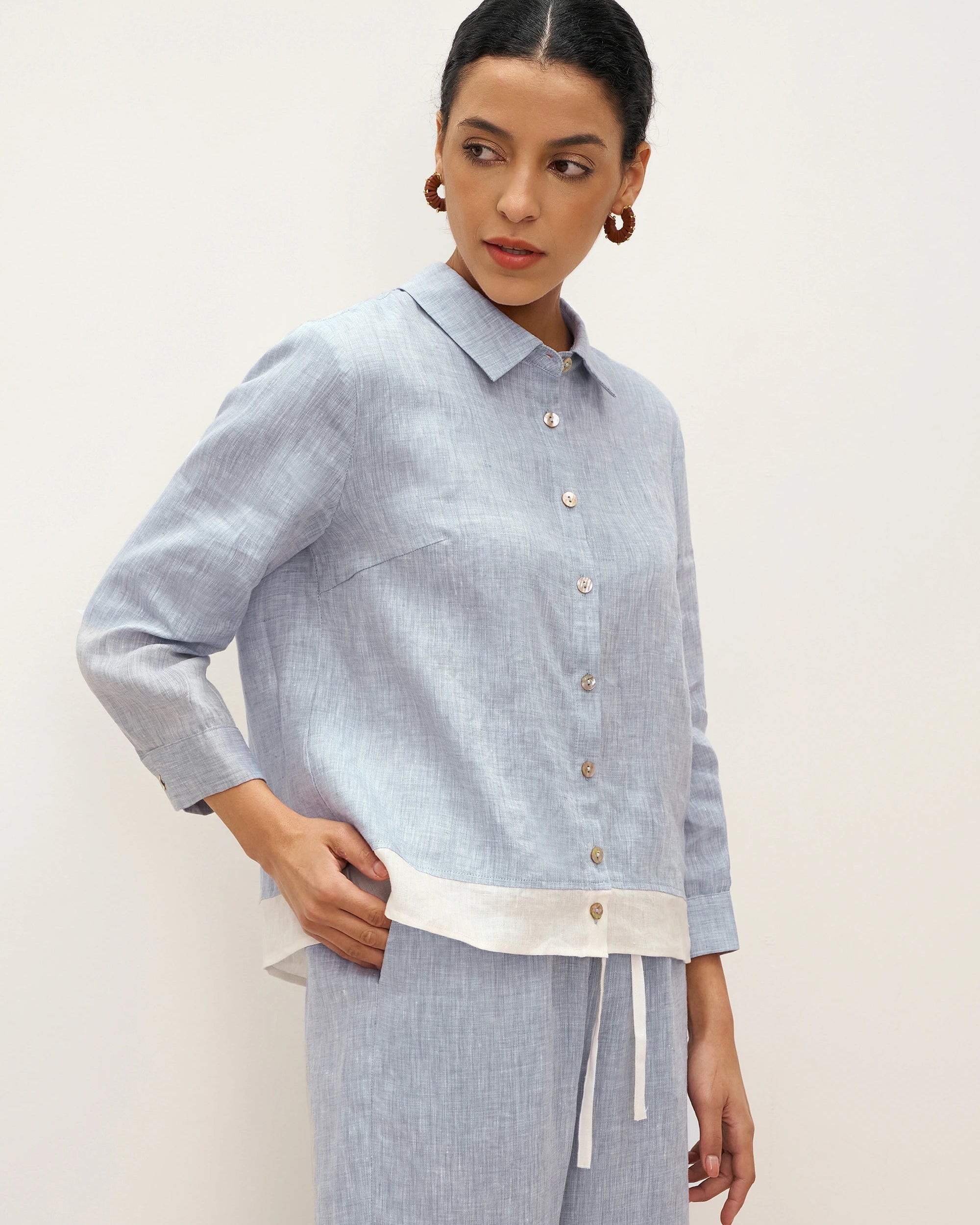 100% Linen Buttoned Closure Color-Blocked Shirt JANICE - TOPS-Linen Blouses