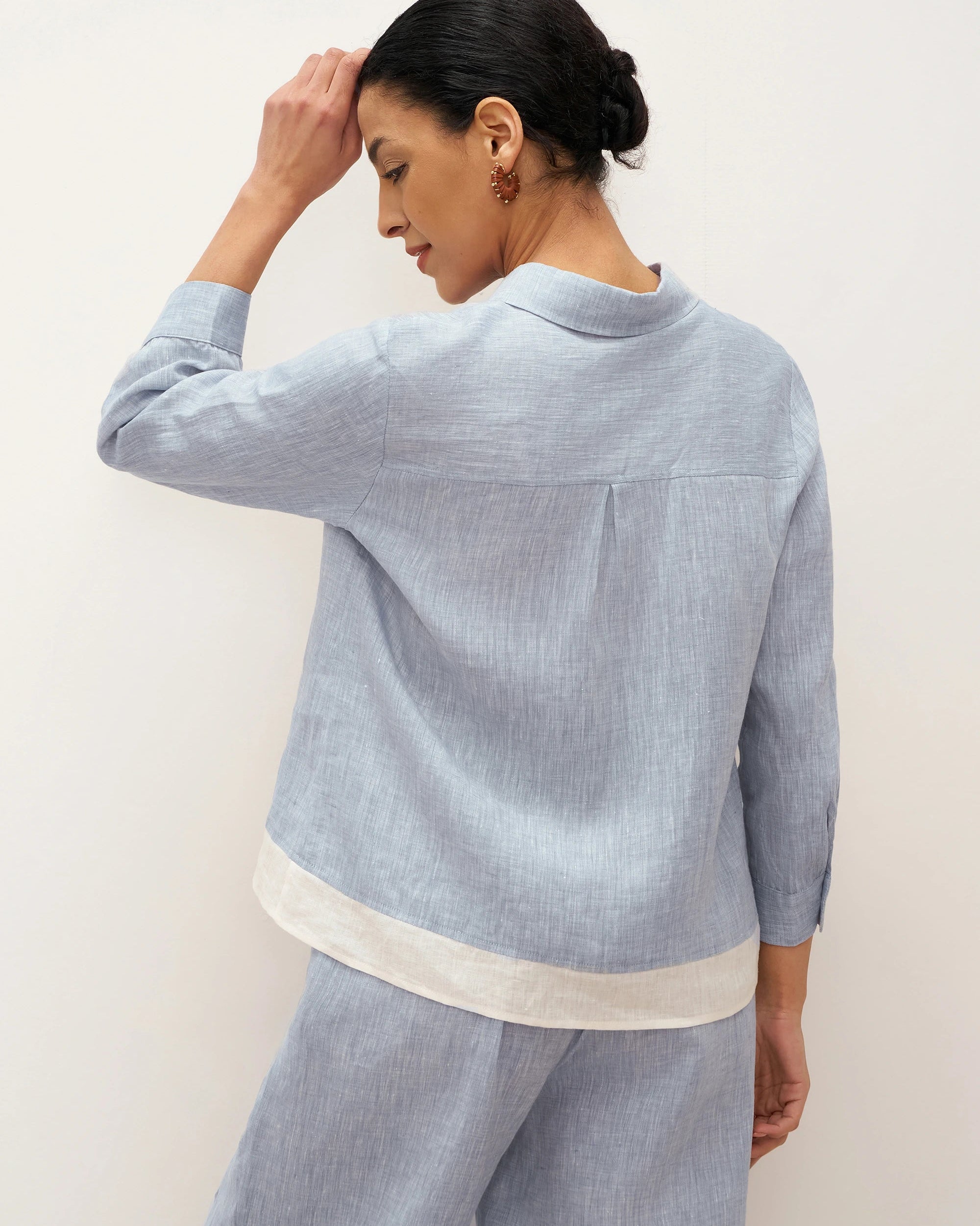 100% Linen Buttoned Closure Color-Blocked Shirt JANICE - TOPS-Linen Blouses