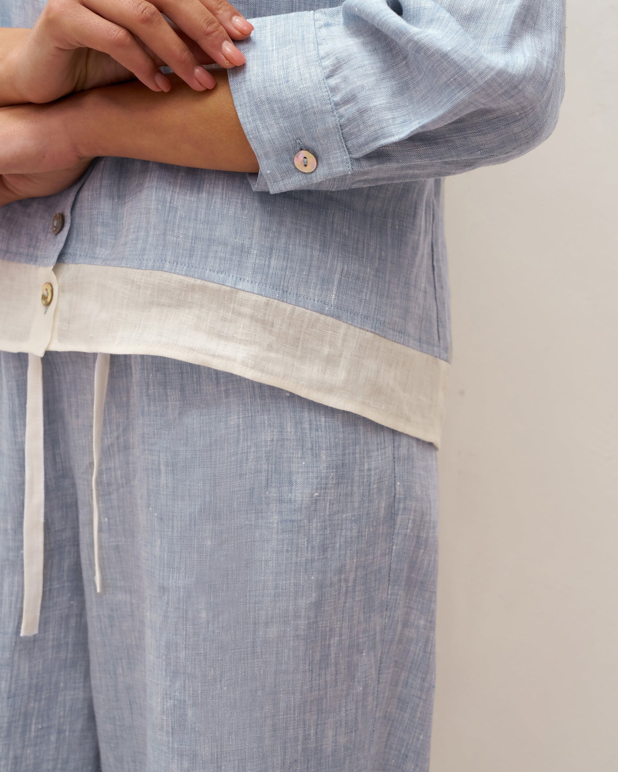 100% Linen Buttoned Closure Color-Blocked Shirt JANICE - TOPS-Linen Blouses