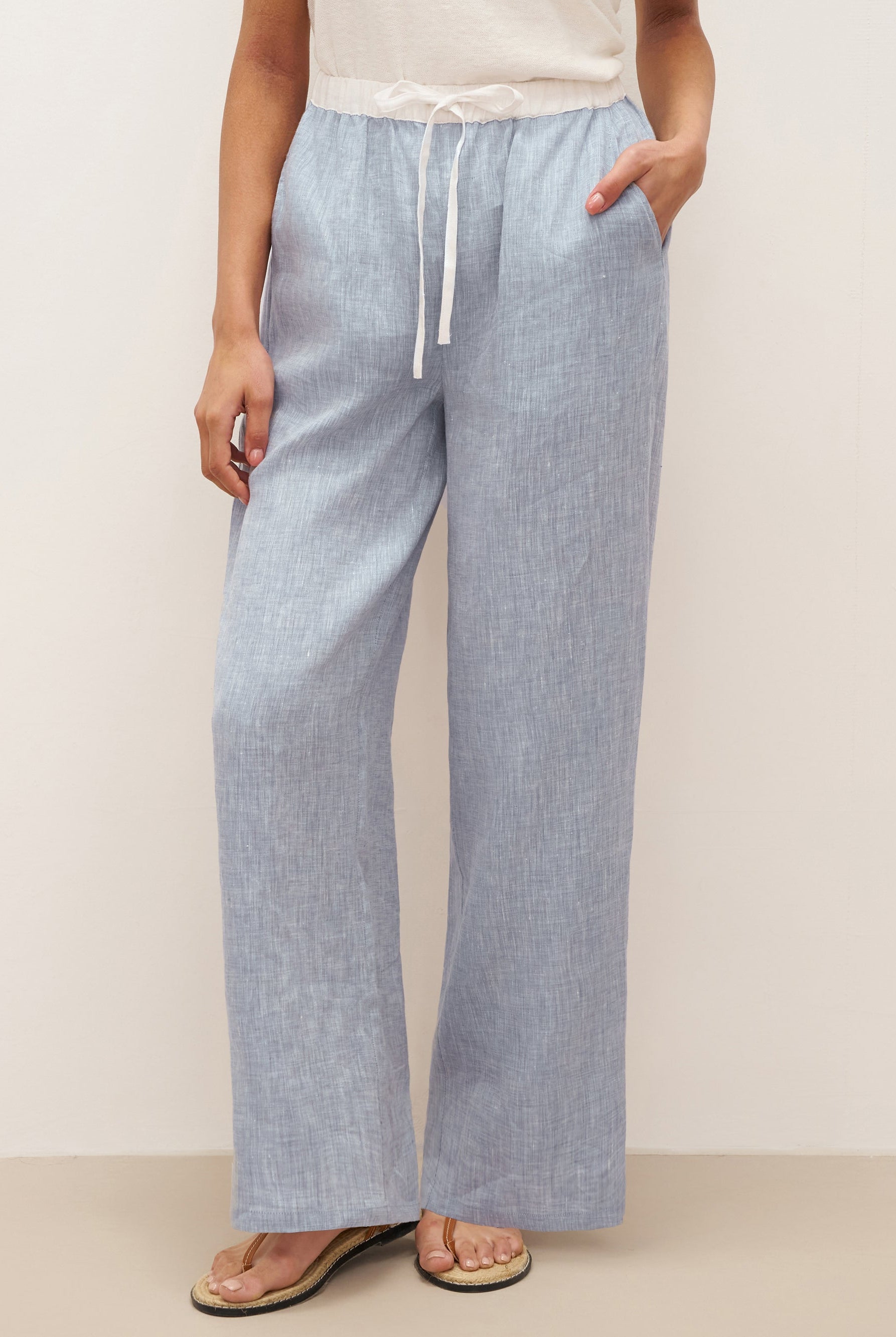 100% Linen Elastic Waist Straight-Leg Trousers JOURDAN - BOTTOMS-Linen Pants