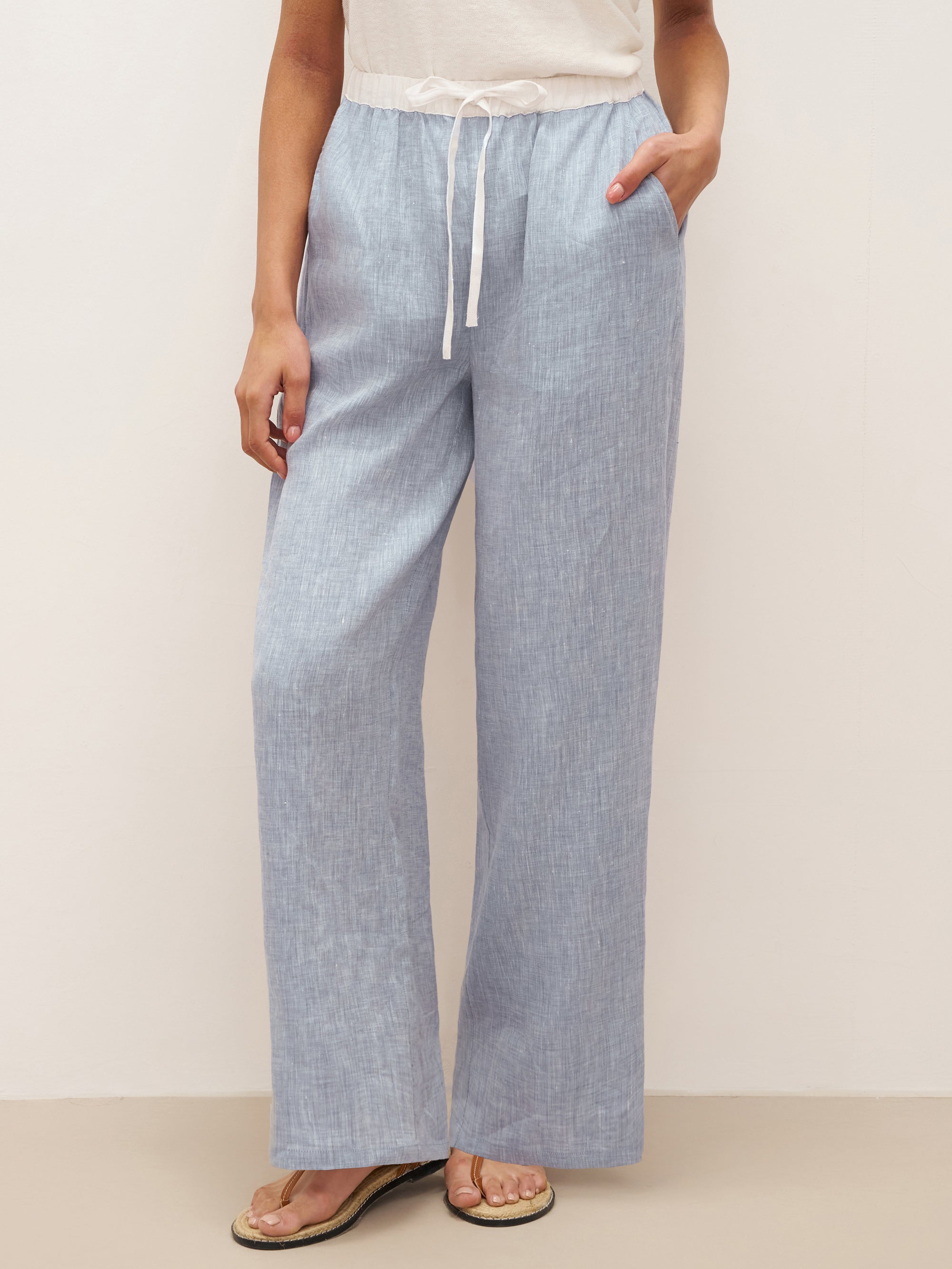 100% Linen Elastic Waist Straight-Leg Trousers JOURDAN - BOTTOMS-Linen Pants