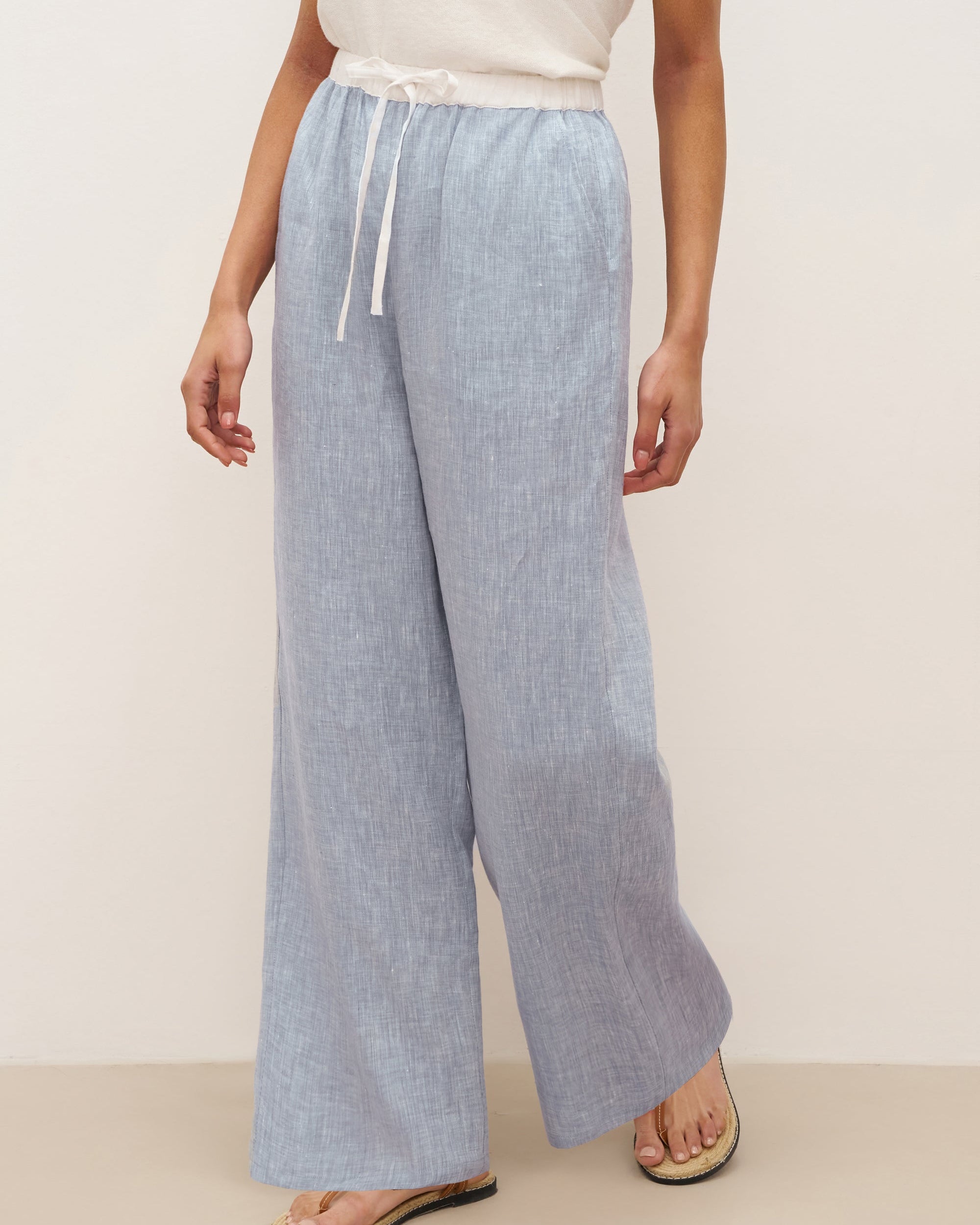 100% Linen Elastic Waist Straight-Leg Trousers JOURDAN - Light Denim Blue / S - BOTTOMS-Linen Pants