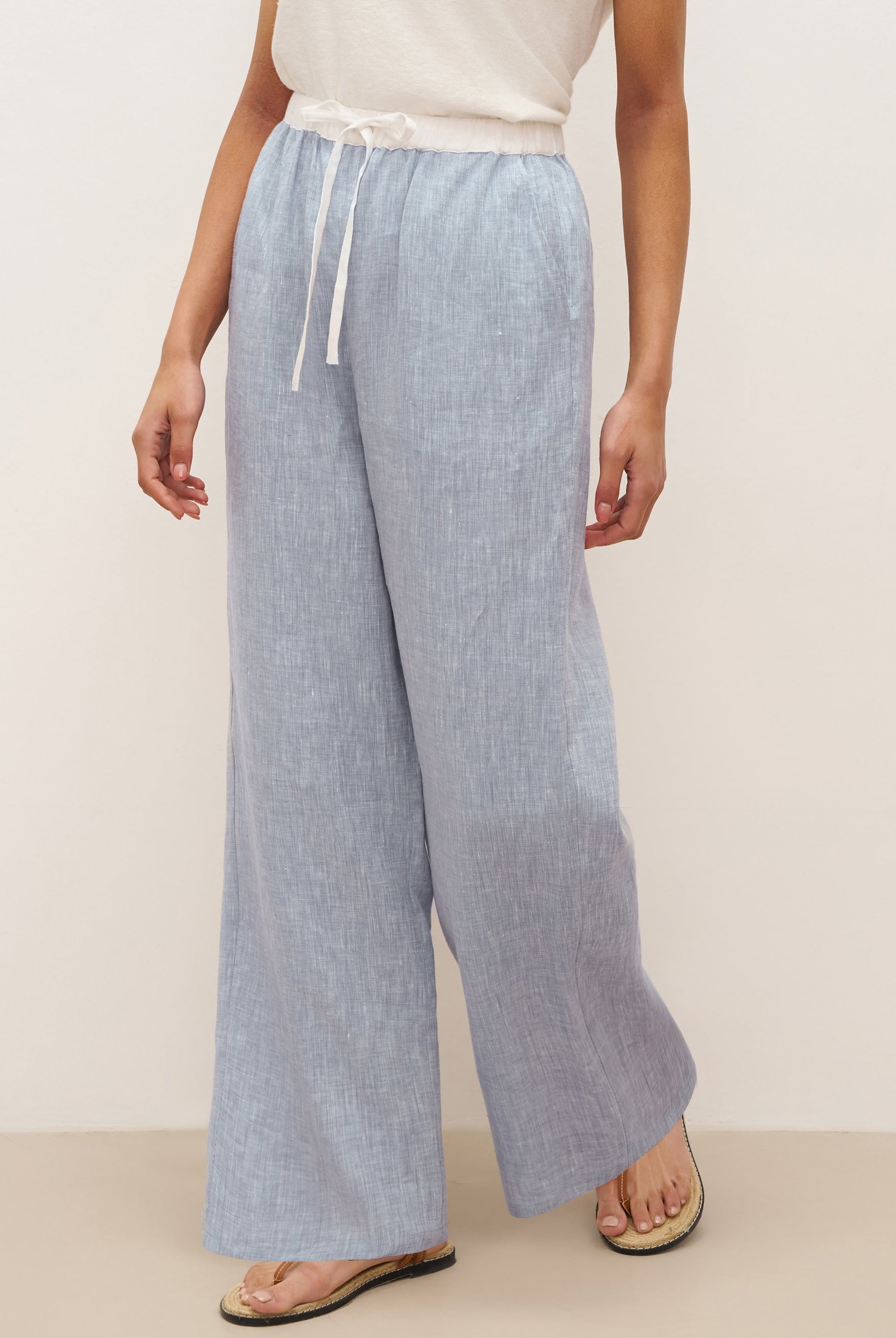 100% Linen Elastic Waist Straight-Leg Trousers JOURDAN - Light Denim Blue / S - BOTTOMS-Linen Pants