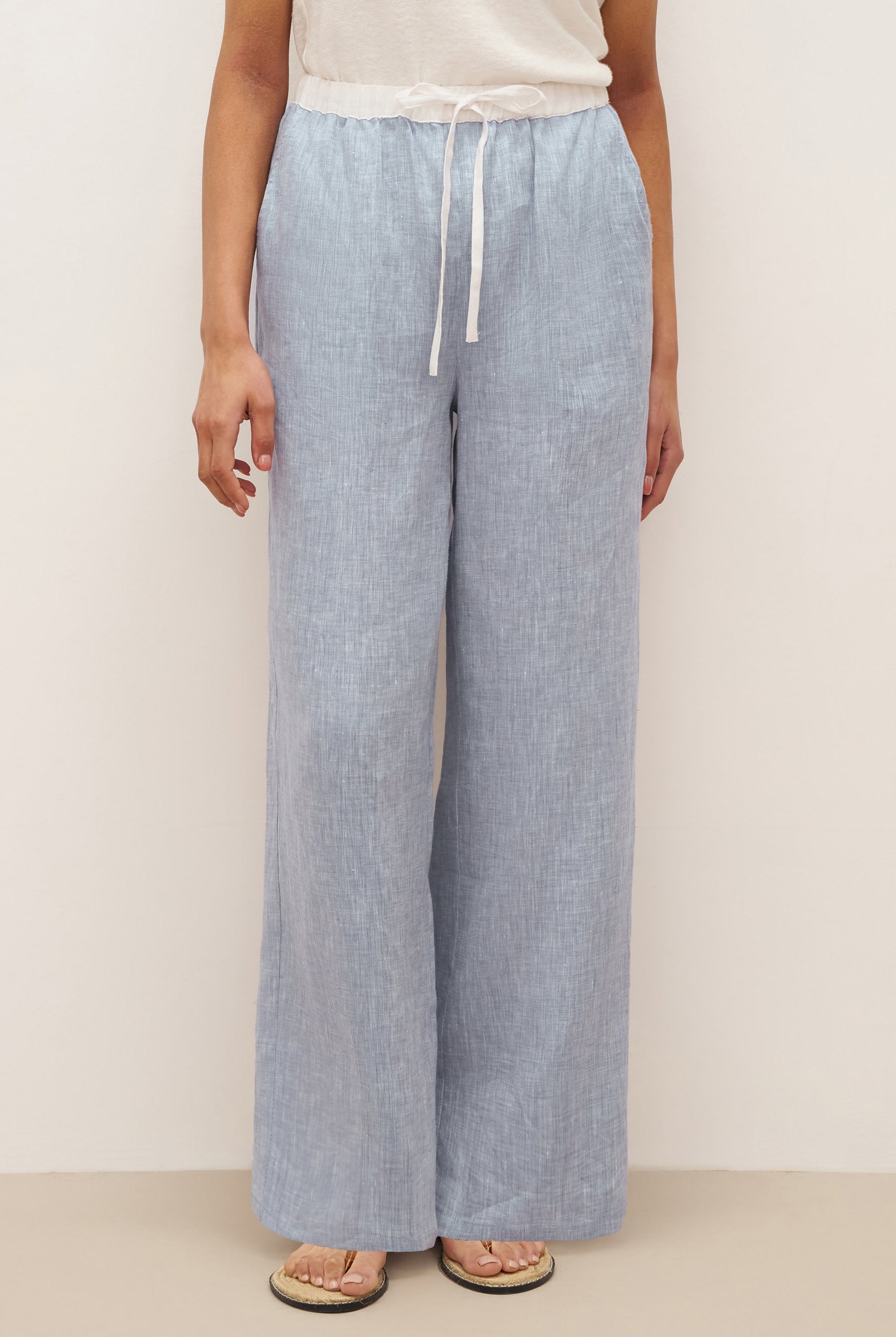 100% Linen Elastic Waist Straight-Leg Trousers JOURDAN - BOTTOMS-Linen Pants