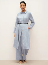 100% Linen U-Hem Belted Shirt Dress JULIA - Light Denim Blue / S - DRESSES-Linen Midi