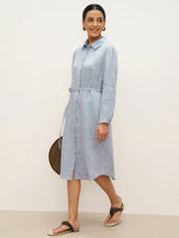 100% Linen U-Hem Belted Shirt Dress JULIA - DRESSES-Linen Midi