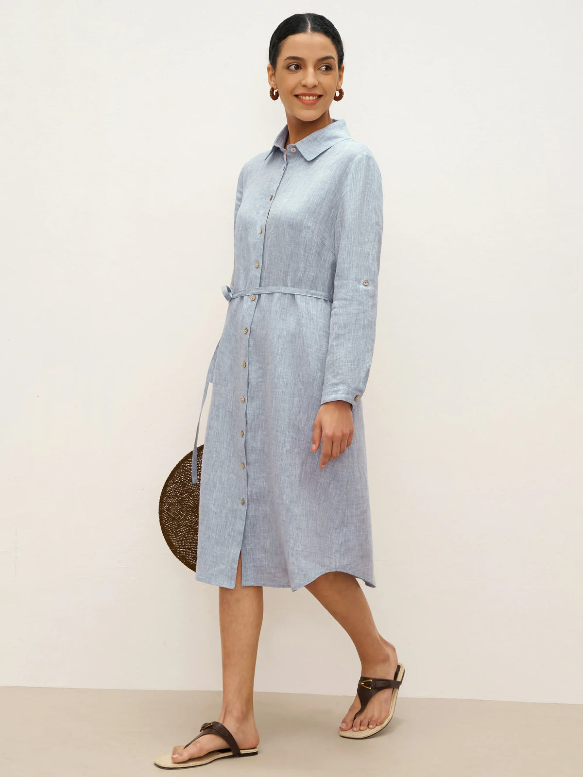 100% Linen U-Hem Belted Shirt Dress JULIA - DRESSES-Linen Midi
