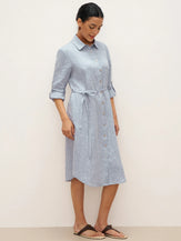 100% Linen U-Hem Belted Shirt Dress JULIA - DRESSES-Linen Midi