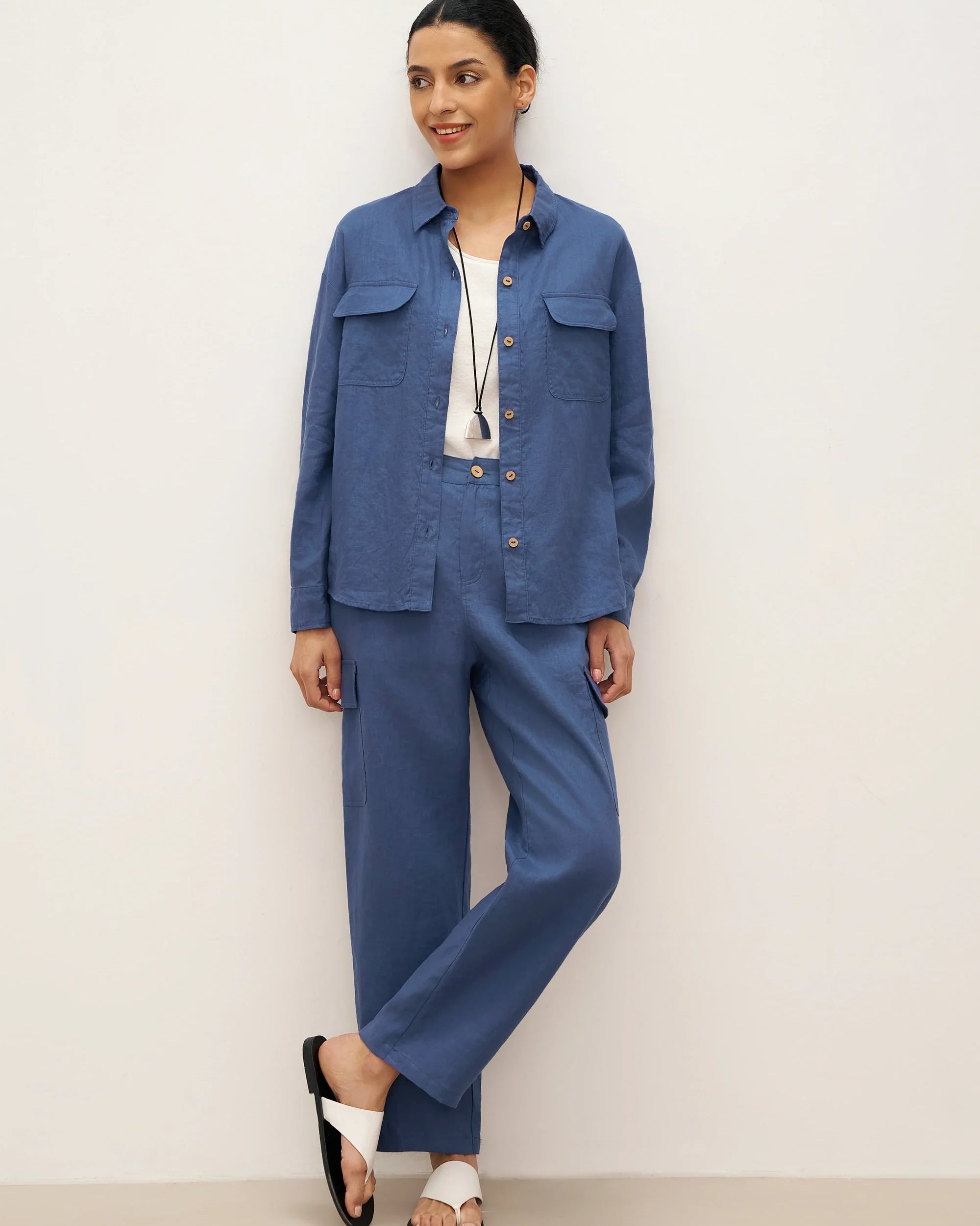 100% Linen Flap-Patch Buttoned Closure Shirt Jacket JANE - TOPS-Linen Blouses