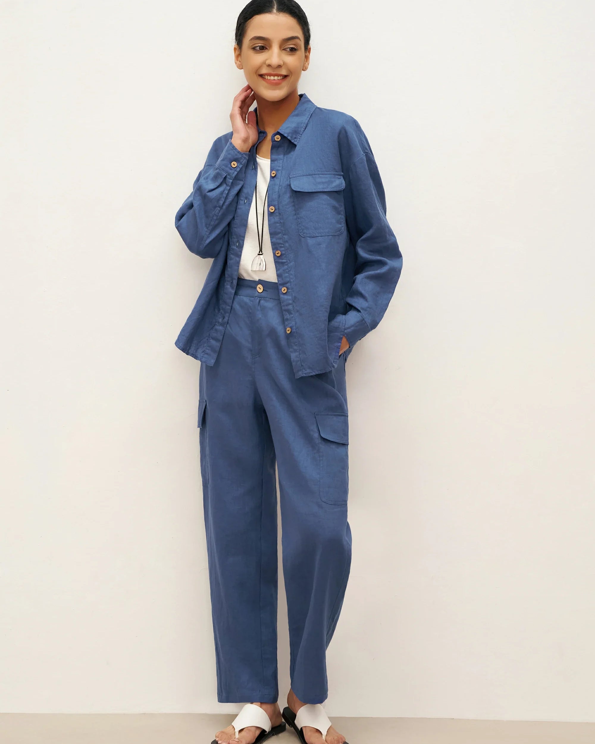 100% Linen Flap-Patch Buttoned Closure Shirt Jacket JANE - TOPS-Linen Blouses