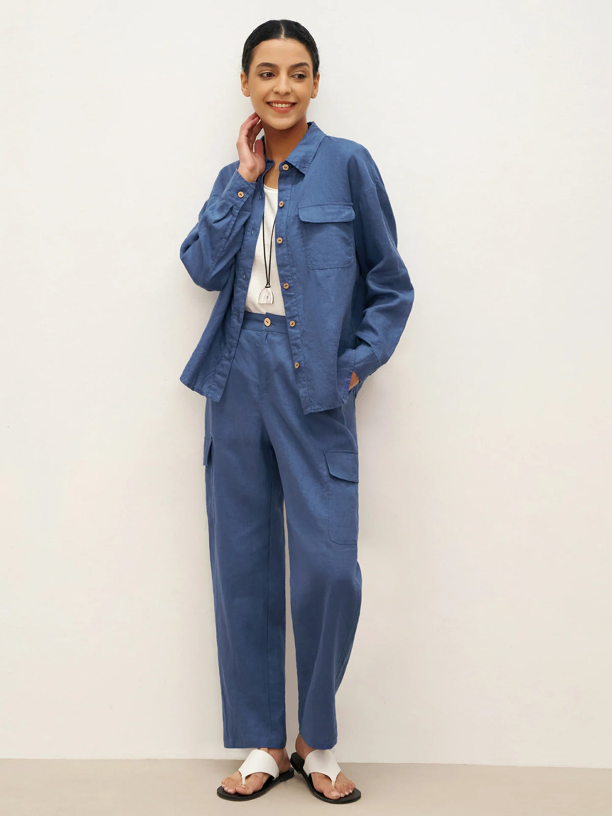 100% Linen Flap-Patch Buttoned Closure Shirt Jacket JANE - TOPS-Linen Blouses