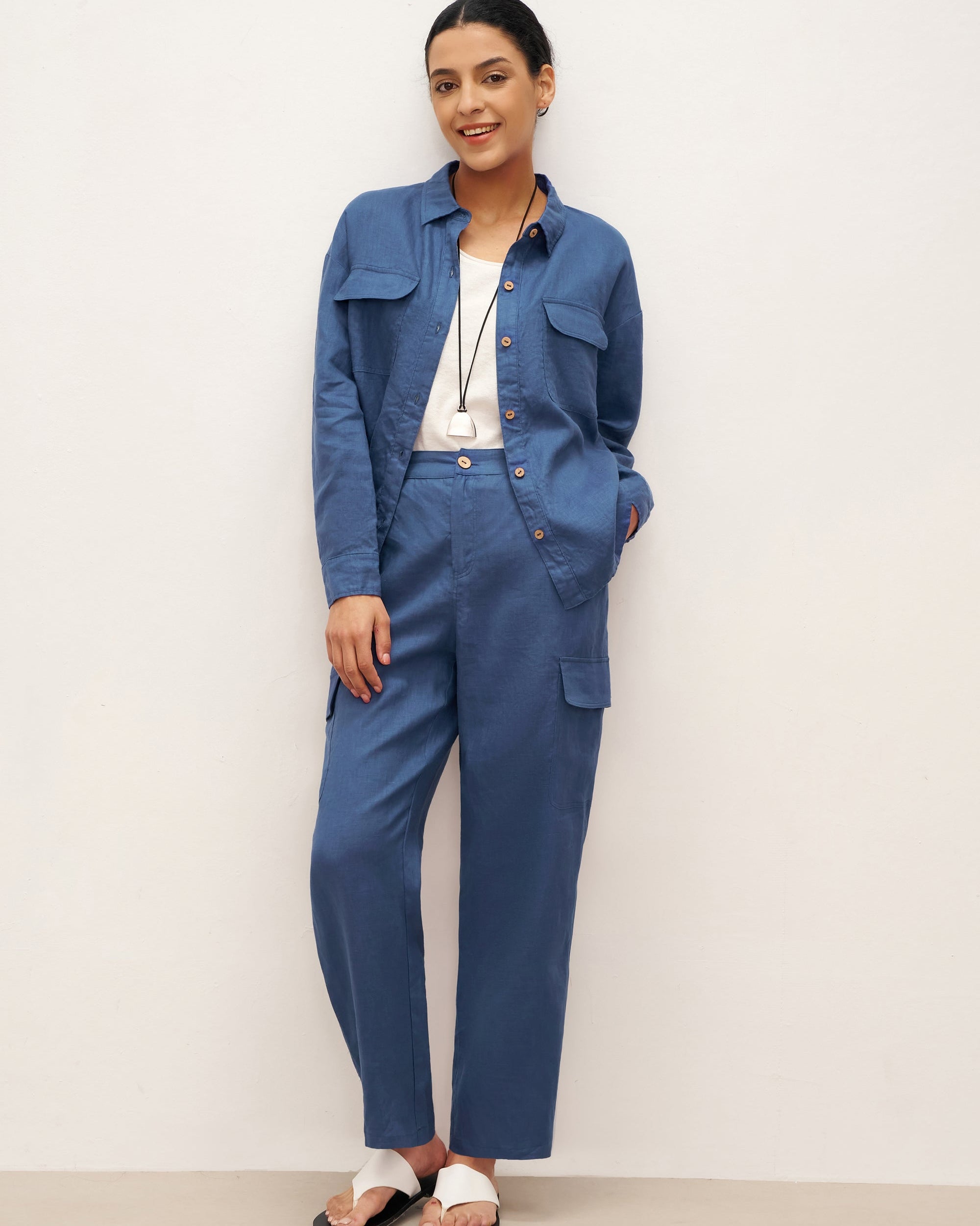 100% Linen Cargo Tapered Trousers with Patch Pockets JESSE - BOTTOMS-Linen Pants