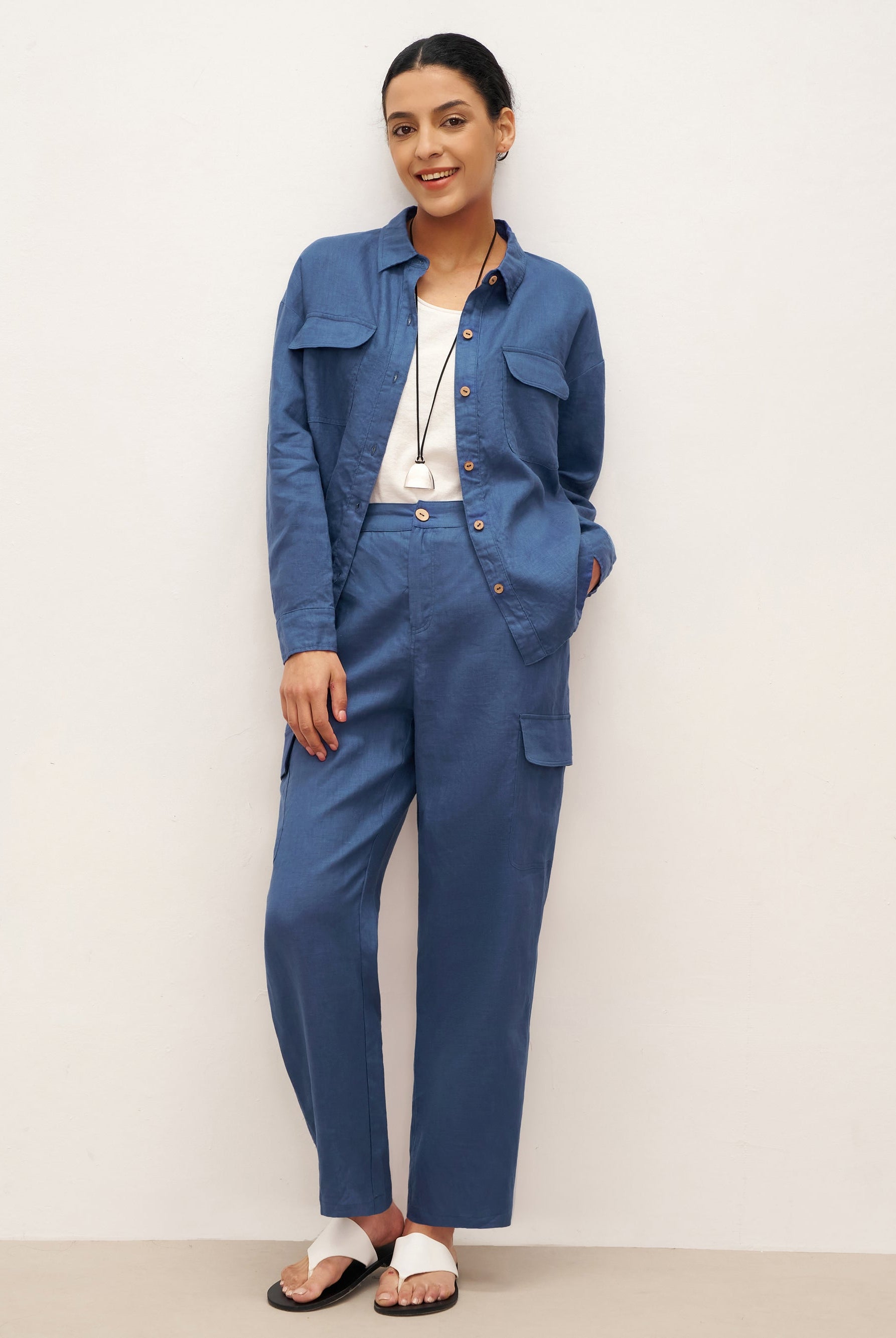 100% Linen Cargo Tapered Trousers with Patch Pockets JESSE - BOTTOMS-Linen Pants