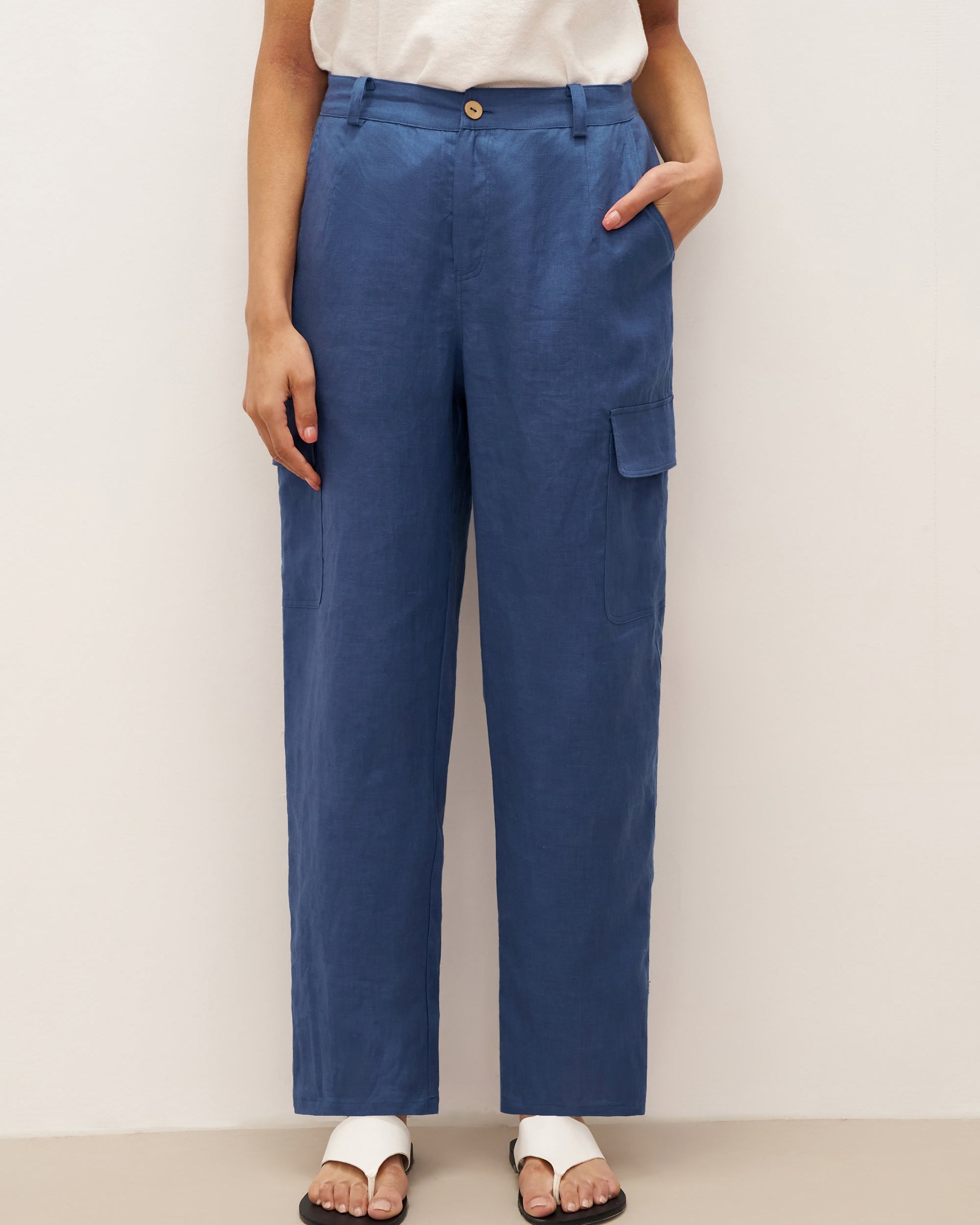 100% Linen Cargo Tapered Trousers with Patch Pockets JESSE - BOTTOMS-Linen Pants