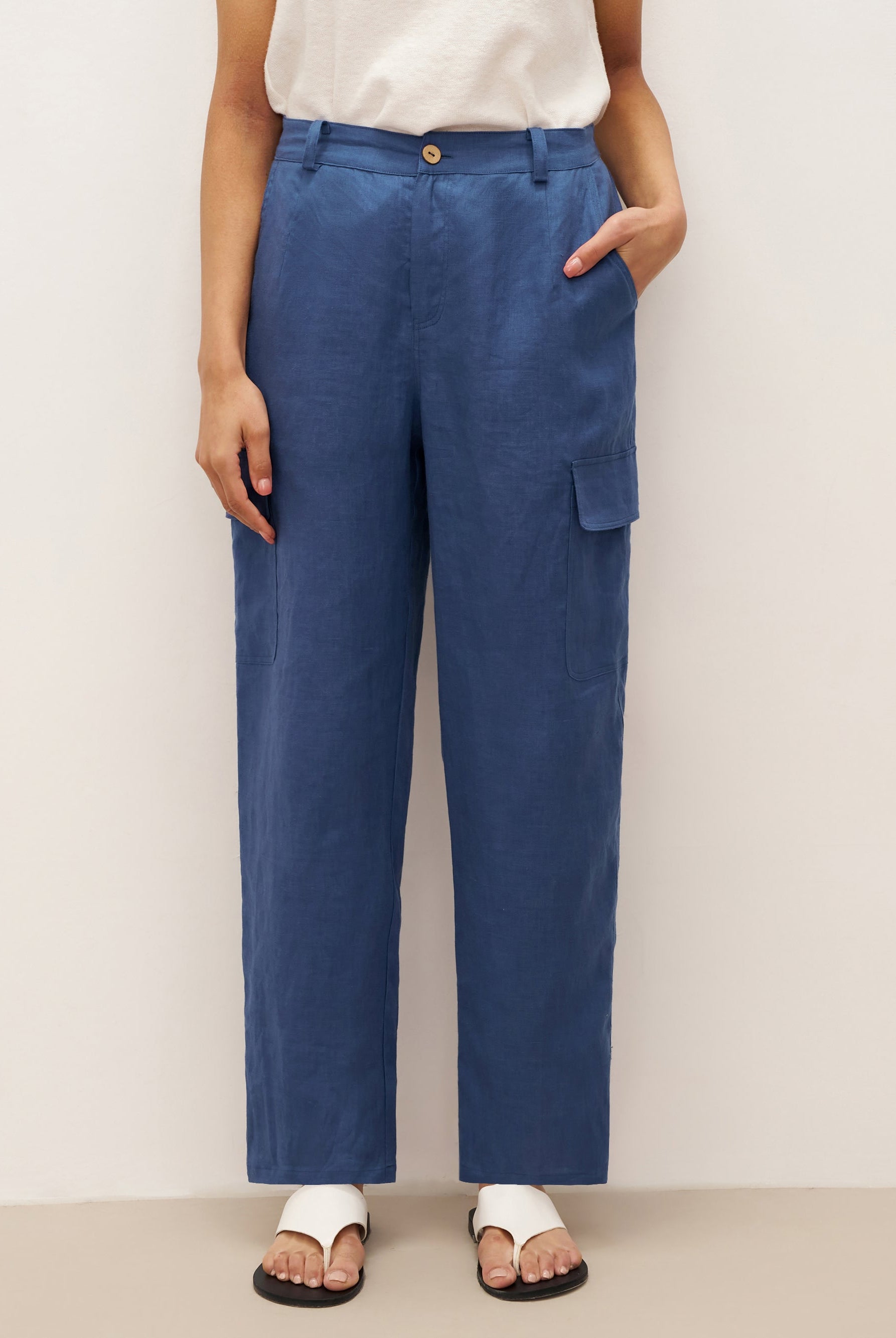 100% Linen Cargo Tapered Trousers with Patch Pockets JESSE - BOTTOMS-Linen Pants