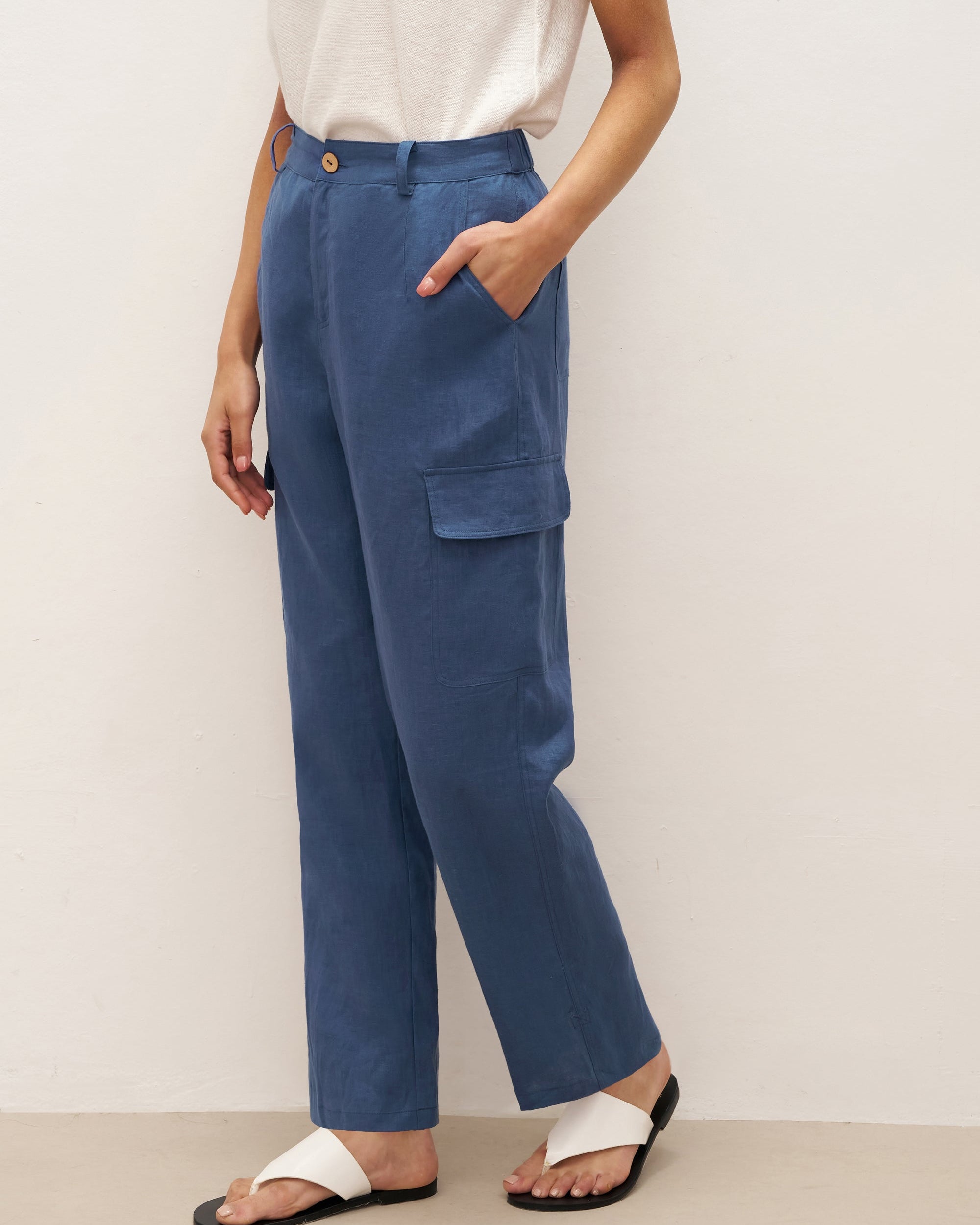100% Linen Cargo Tapered Trousers with Patch Pockets JESSE - BOTTOMS-Linen Pants