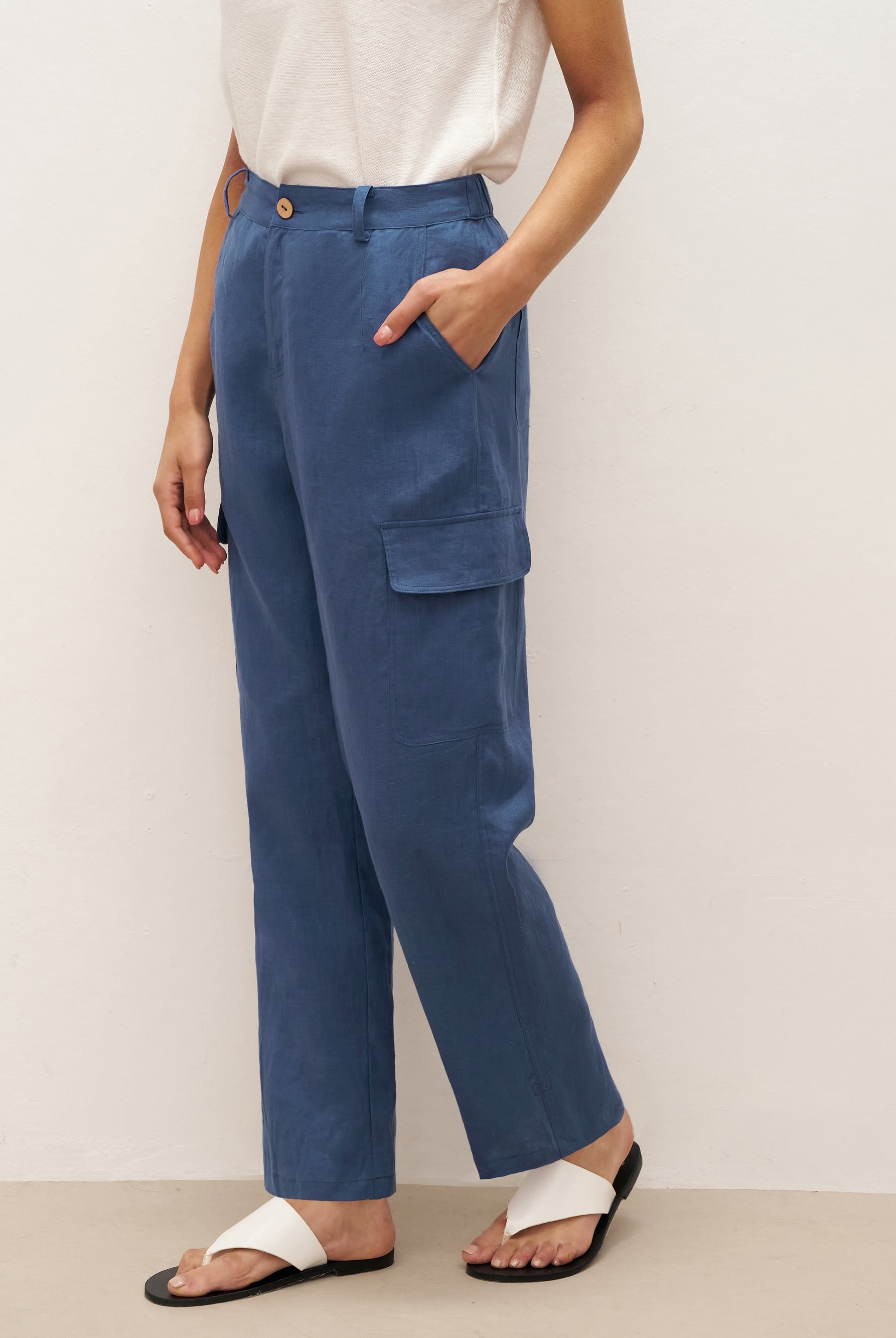 100% Linen Cargo Tapered Trousers with Patch Pockets JESSE - BOTTOMS-Linen Pants
