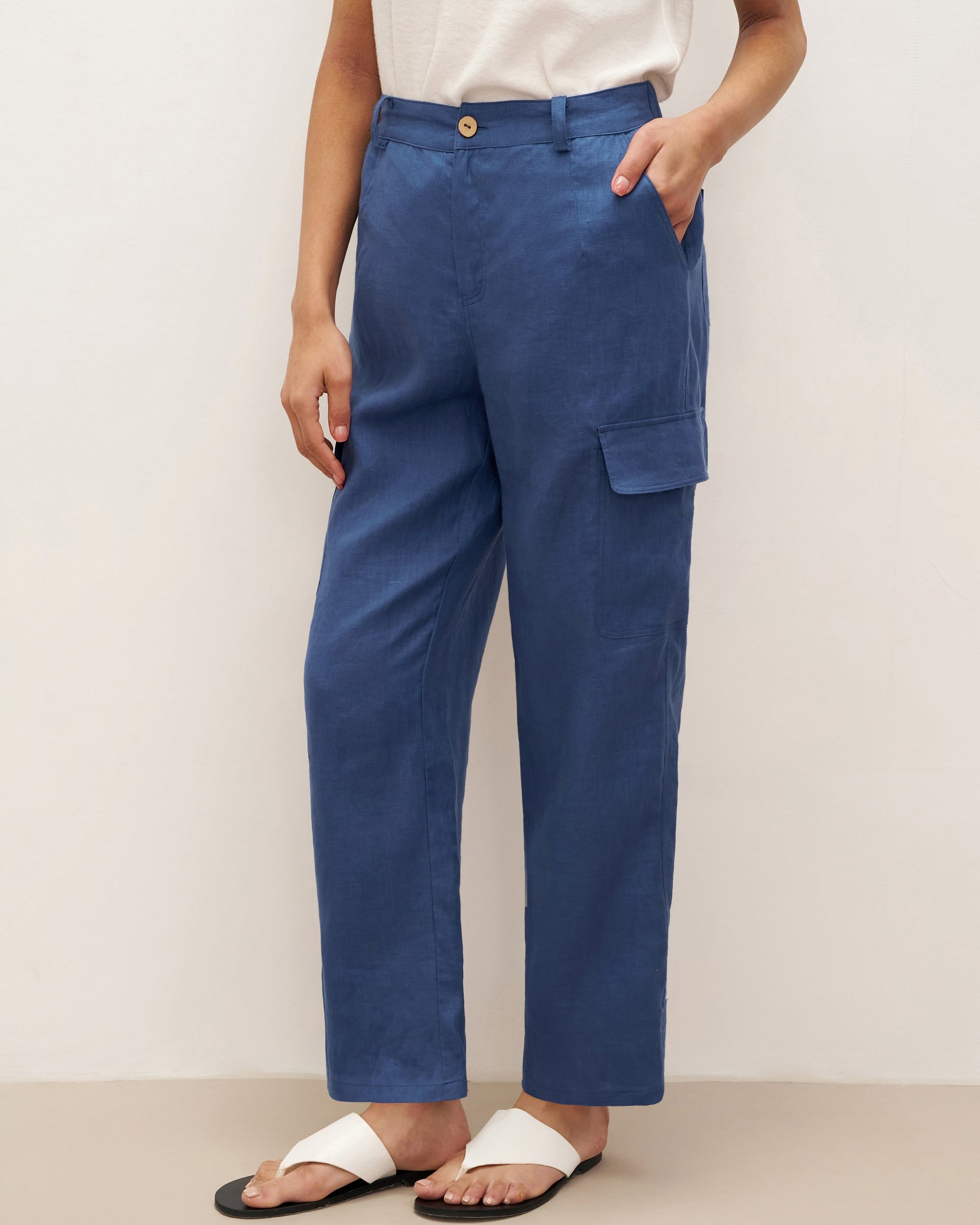100% Linen Cargo Tapered Trousers with Patch Pockets JESSE - Nautical Blue / S - BOTTOMS-Linen Pants