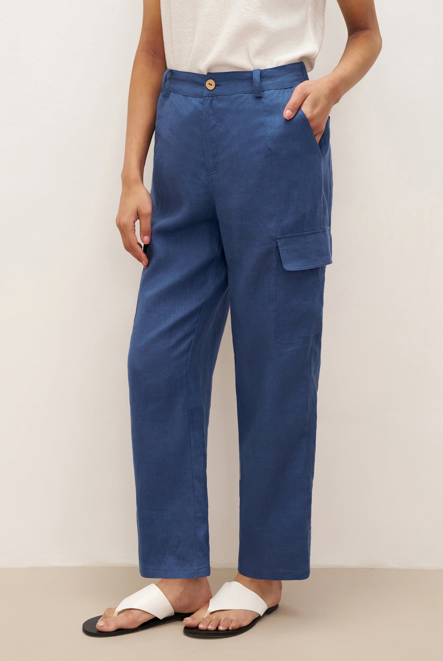 100% Linen Cargo Tapered Trousers with Patch Pockets JESSE - Nautical Blue / S - BOTTOMS-Linen Pants
