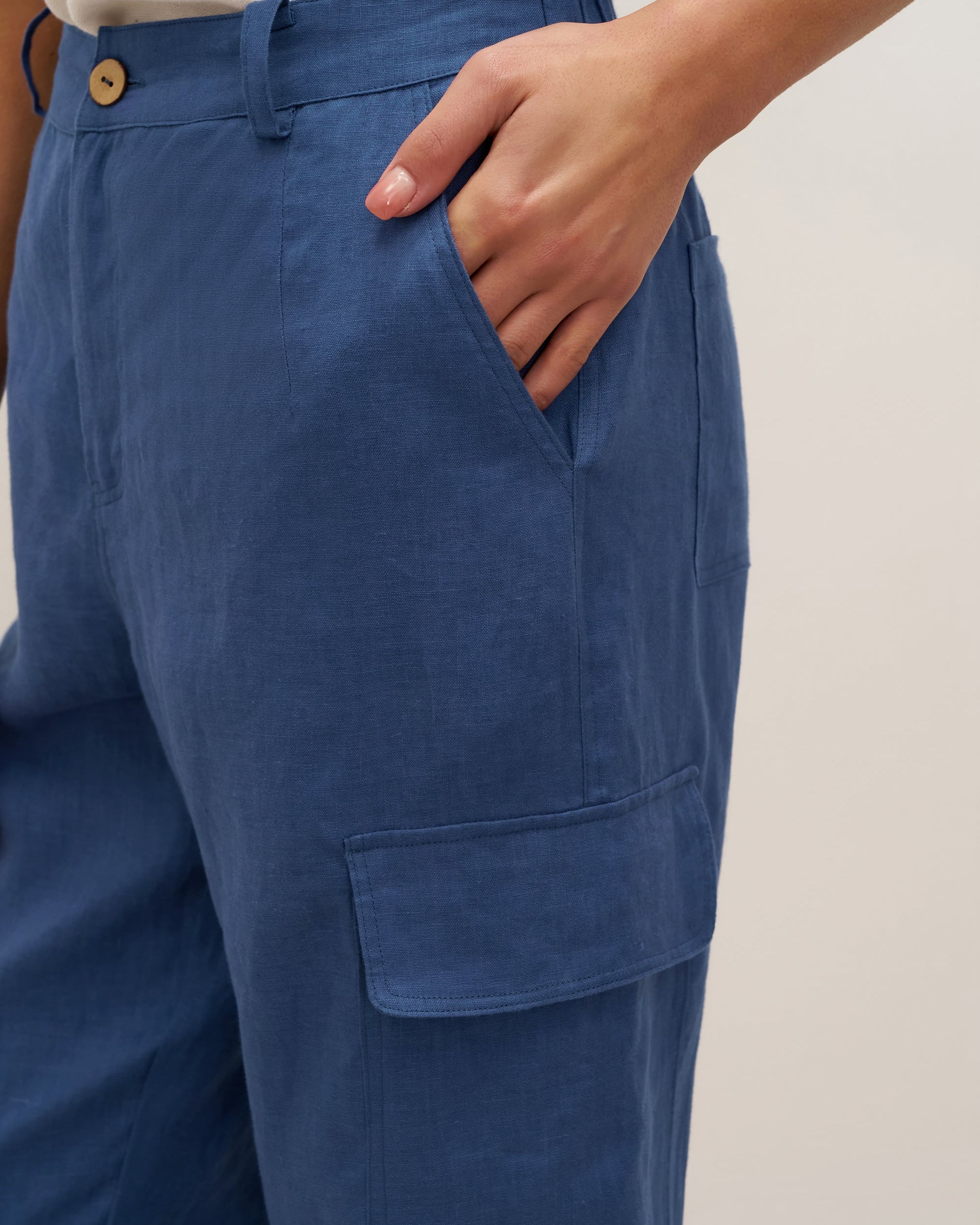 100% Linen Cargo Tapered Trousers with Patch Pockets JESSE - BOTTOMS-Linen Pants